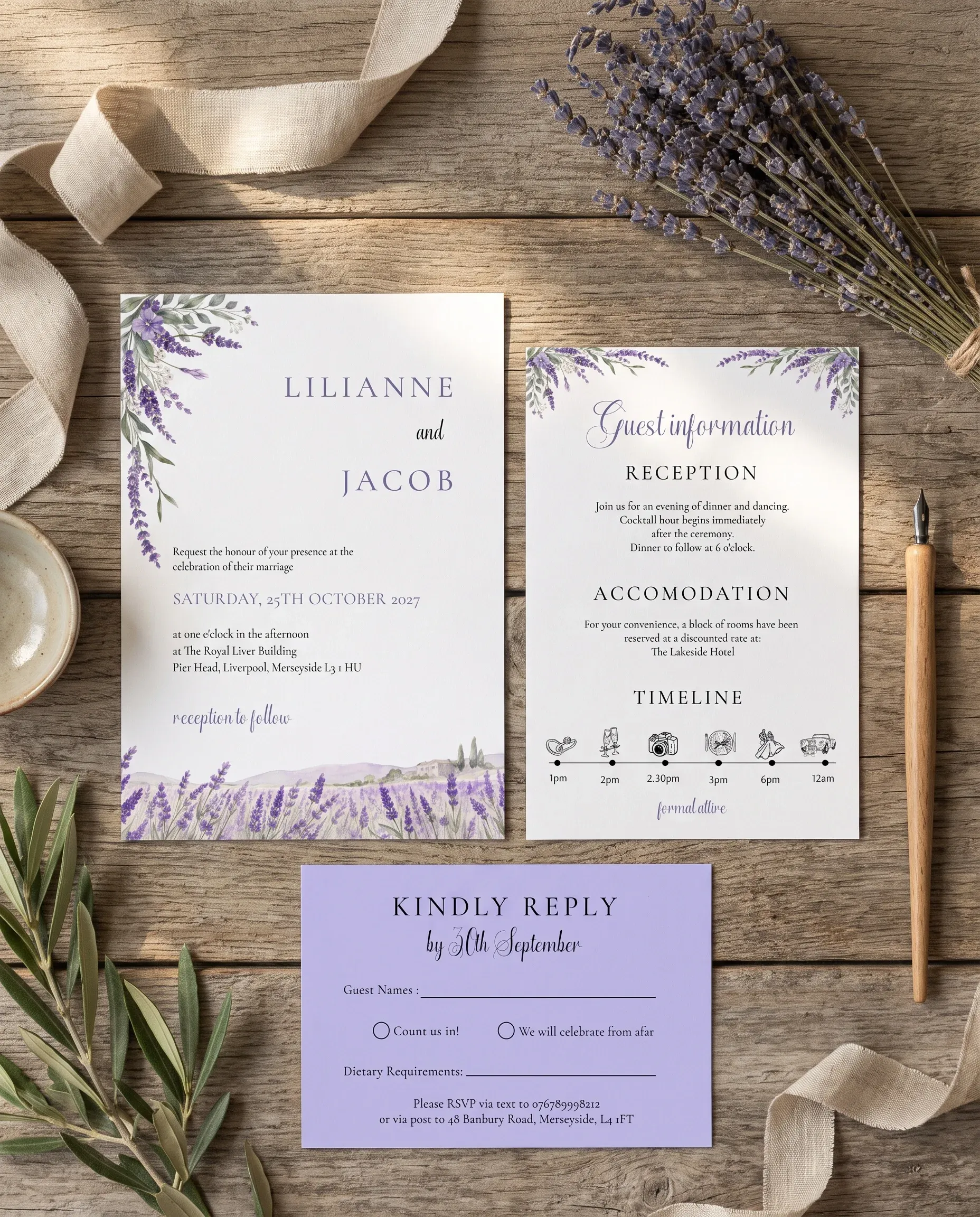 Provence Fields wedding invitation suite — invitation, details card and RSVP shown in a flat lay under soft natural light, wedding invitation templates.