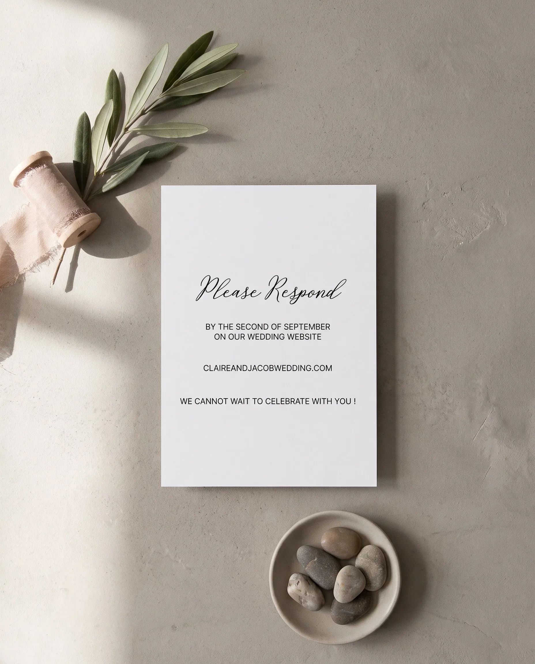 Lyris wedding invitation suite — RSVP card shown in a flat lay with soft overhead natural light, wedding RSVP cards.