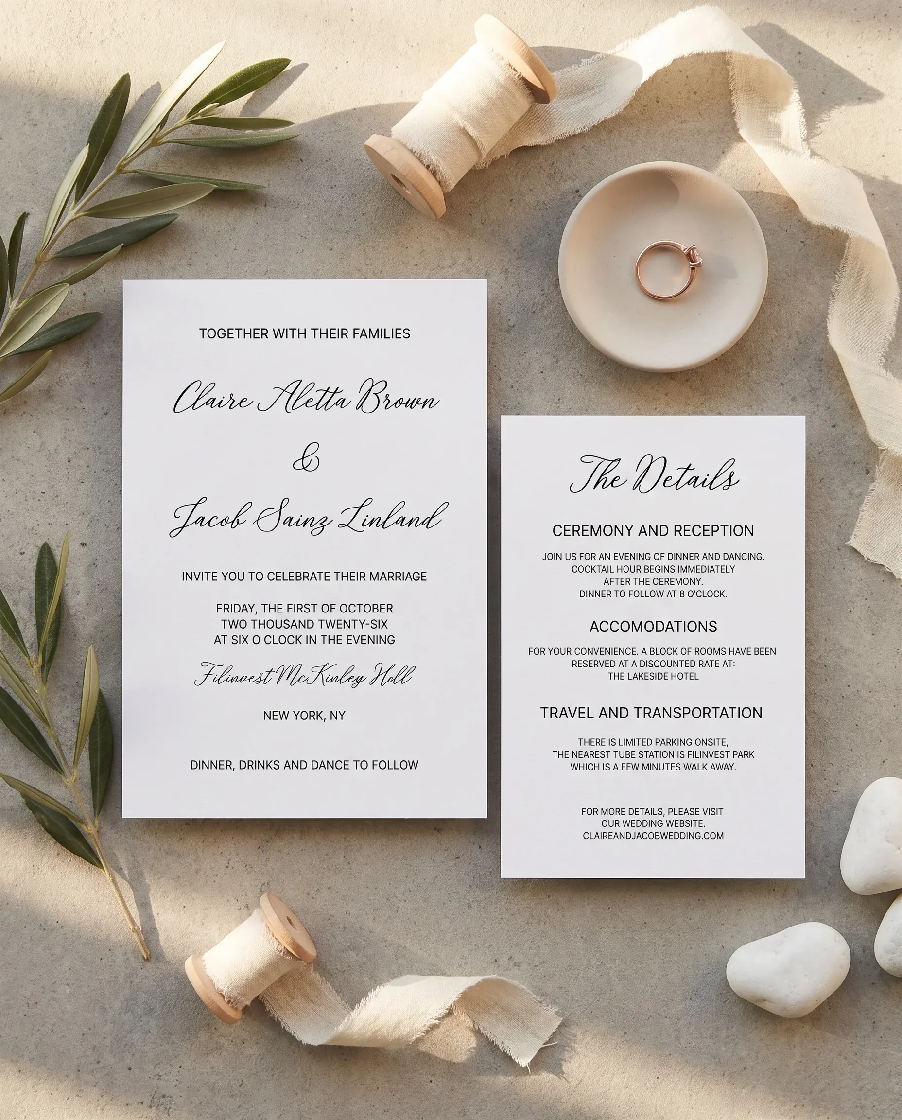 Lyris wedding invitation suite — invitation and details card arranged together in a flat lay under soft natural light, wedding details card.