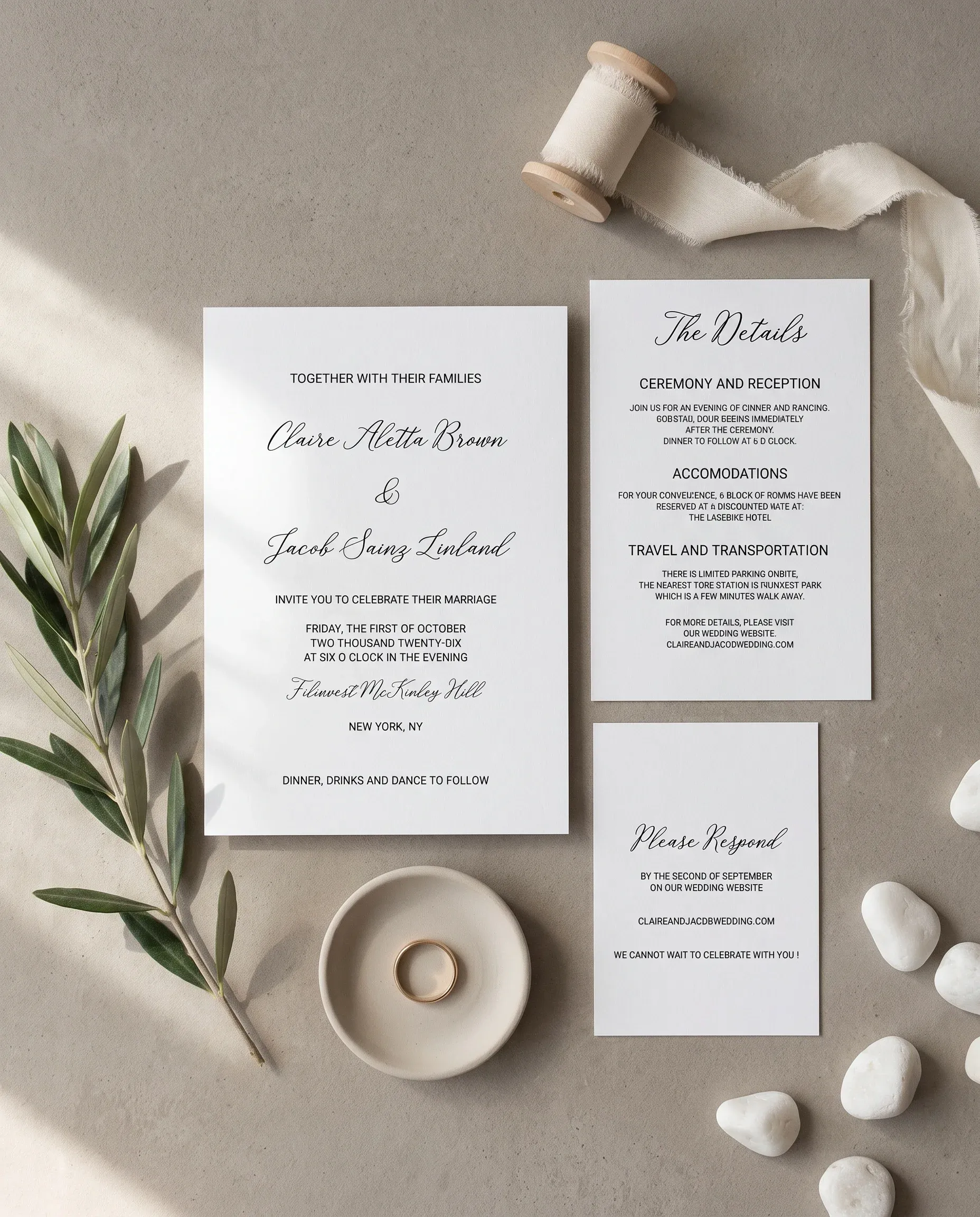 Lyris wedding invitation suite — invitation, details card and RSVP shown in a flat lay on premium paper, wedding invitation templates.