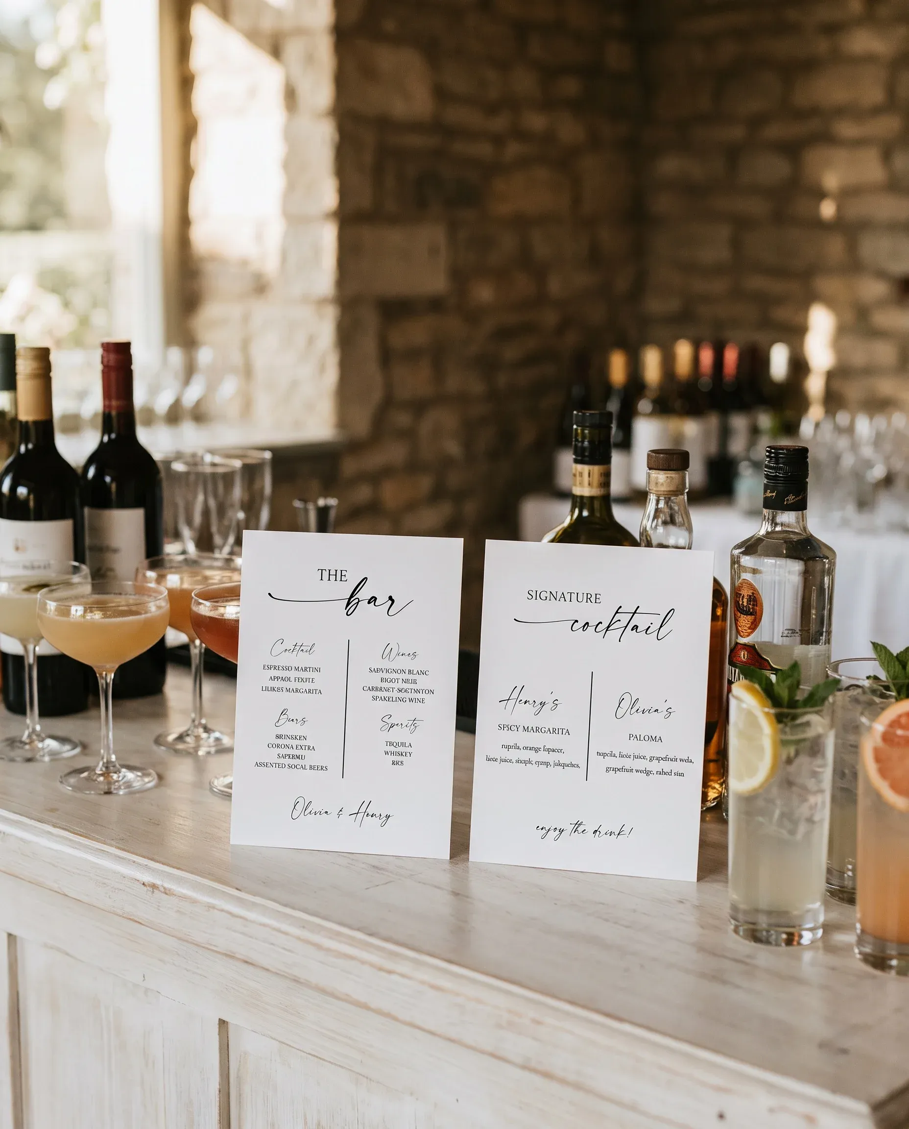Liminal — two menu pages resting on a bar station under soft natural light, viewed at a slight overhead angle, bar menu template.