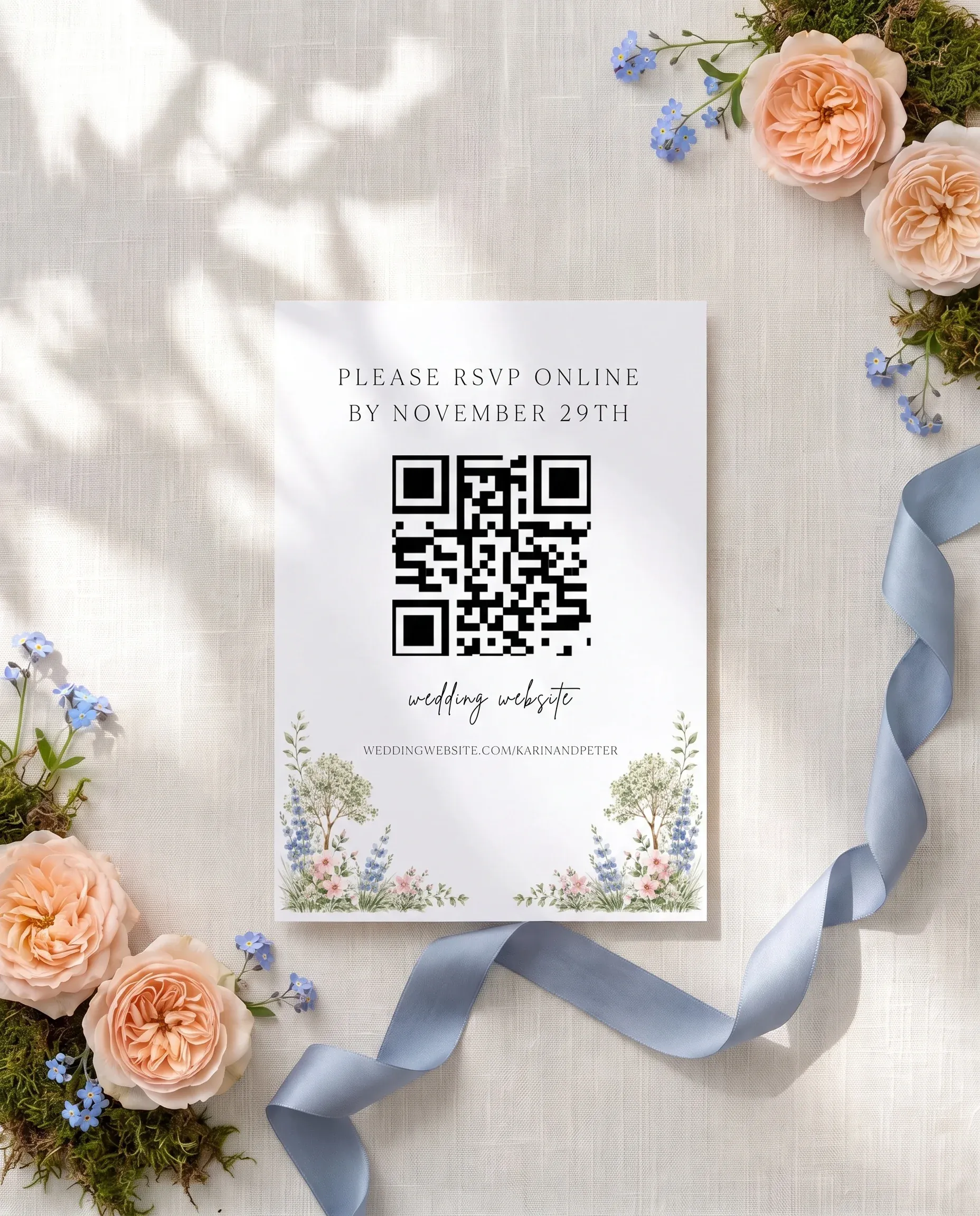 Meadow Spire wedding invitation suite — RSVP card shown in a flat lay, wedding RSVP cards