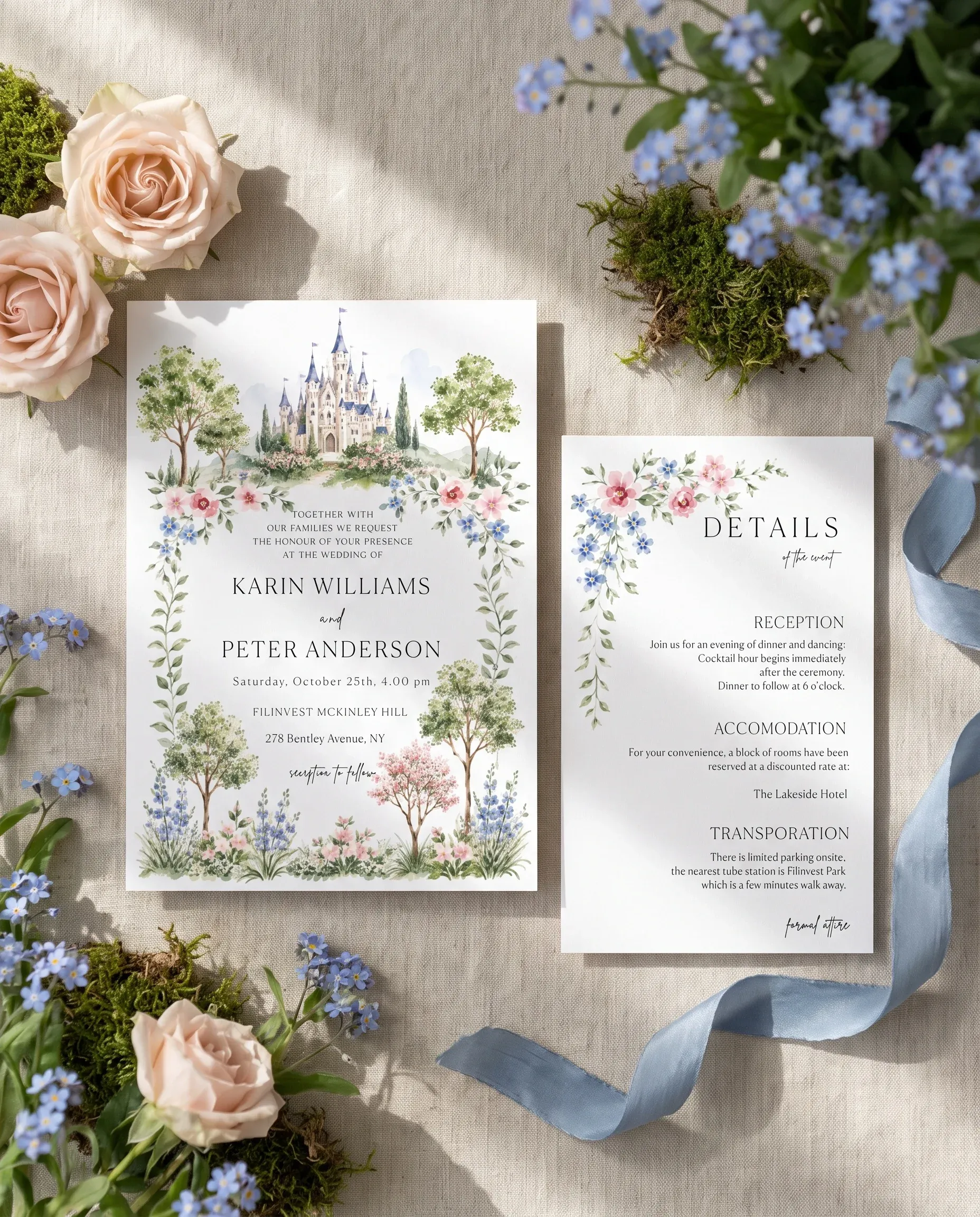 Meadow Spire wedding invitation suite — invitation and details card shown in a flat lay, wedding details card.