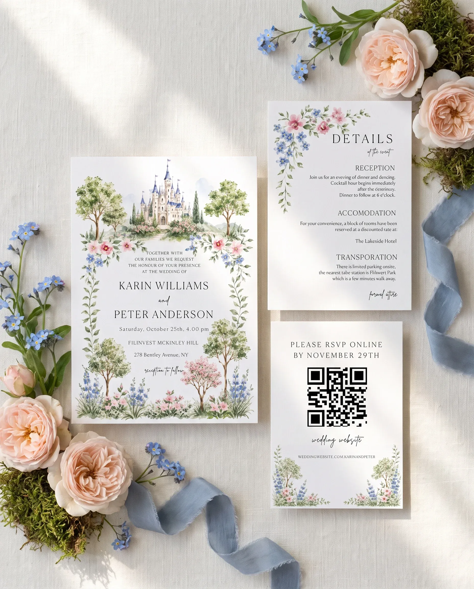 Meadow Spire wedding invitation suite — invitation, details card and RSVP shown in a flat lay, wedding invitation templates.