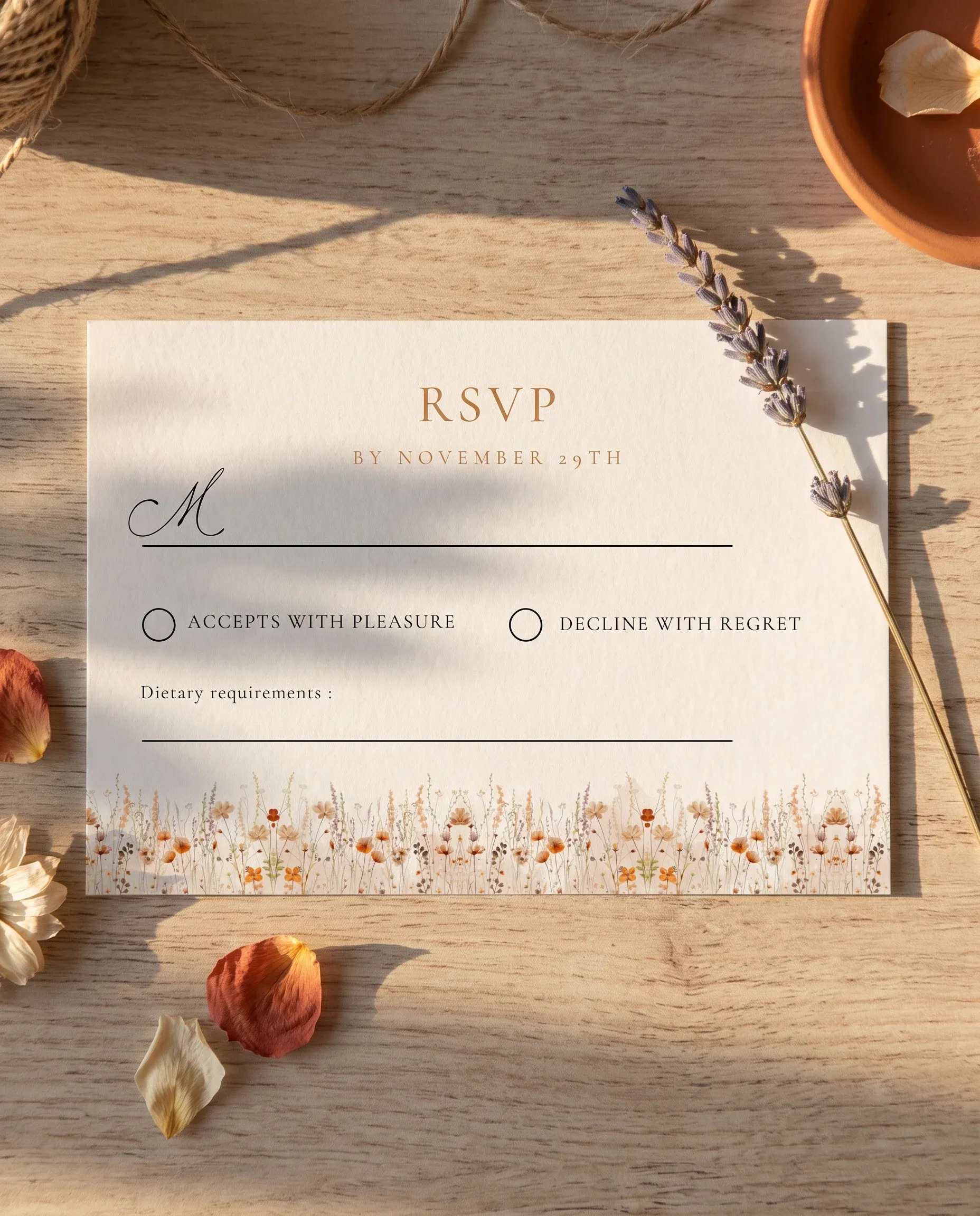 Amber Meadow wedding invitation suite — RSVP card shown in a flat lay, wedding RSVP cards.
