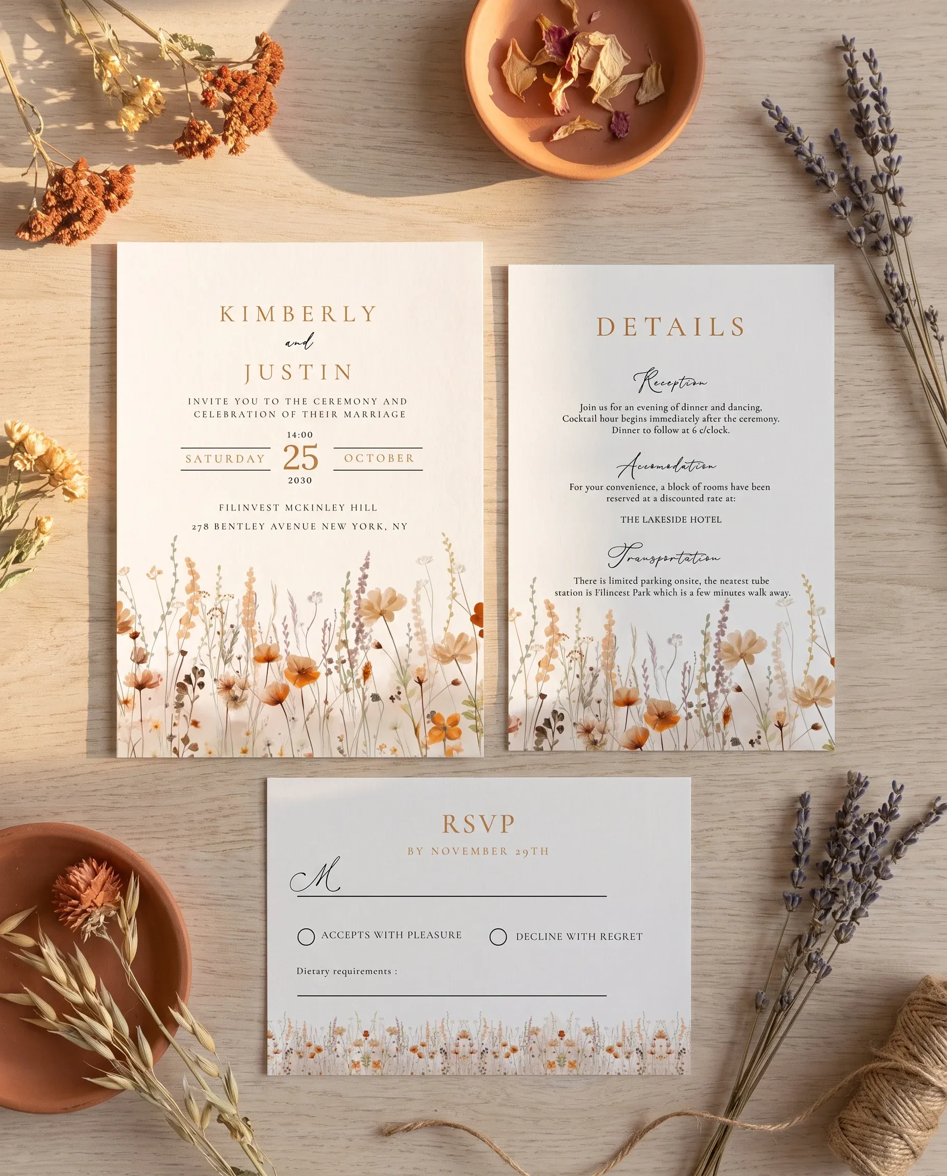 Amber Meadow wedding invitation suite — invitation, details card and RSVP shown in a flat lay, wedding invitation templates.