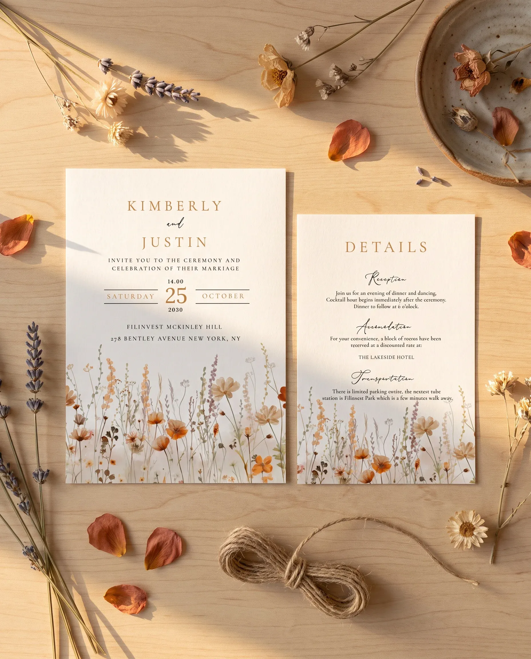 Amber Meadow wedding invitation suite — invitation and details card arranged together in a flat lay under soft natural light, wedding details card.