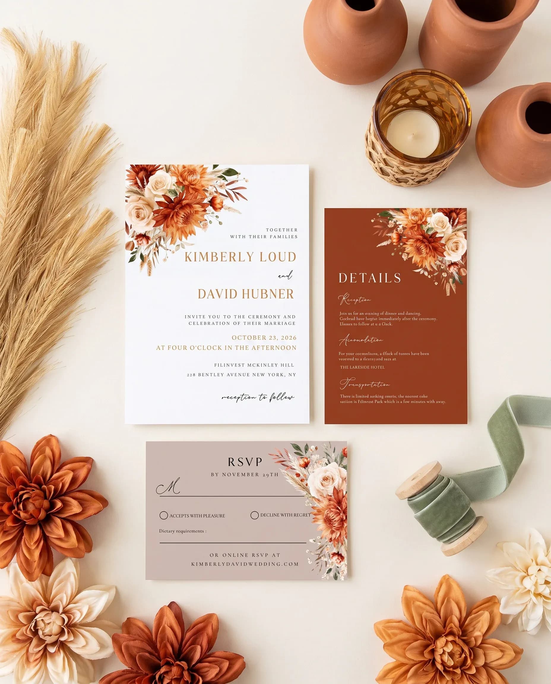 Marigold wedding invitation set — invitation, details card and RSVP shown in a flat lay, printable wedding invitations.