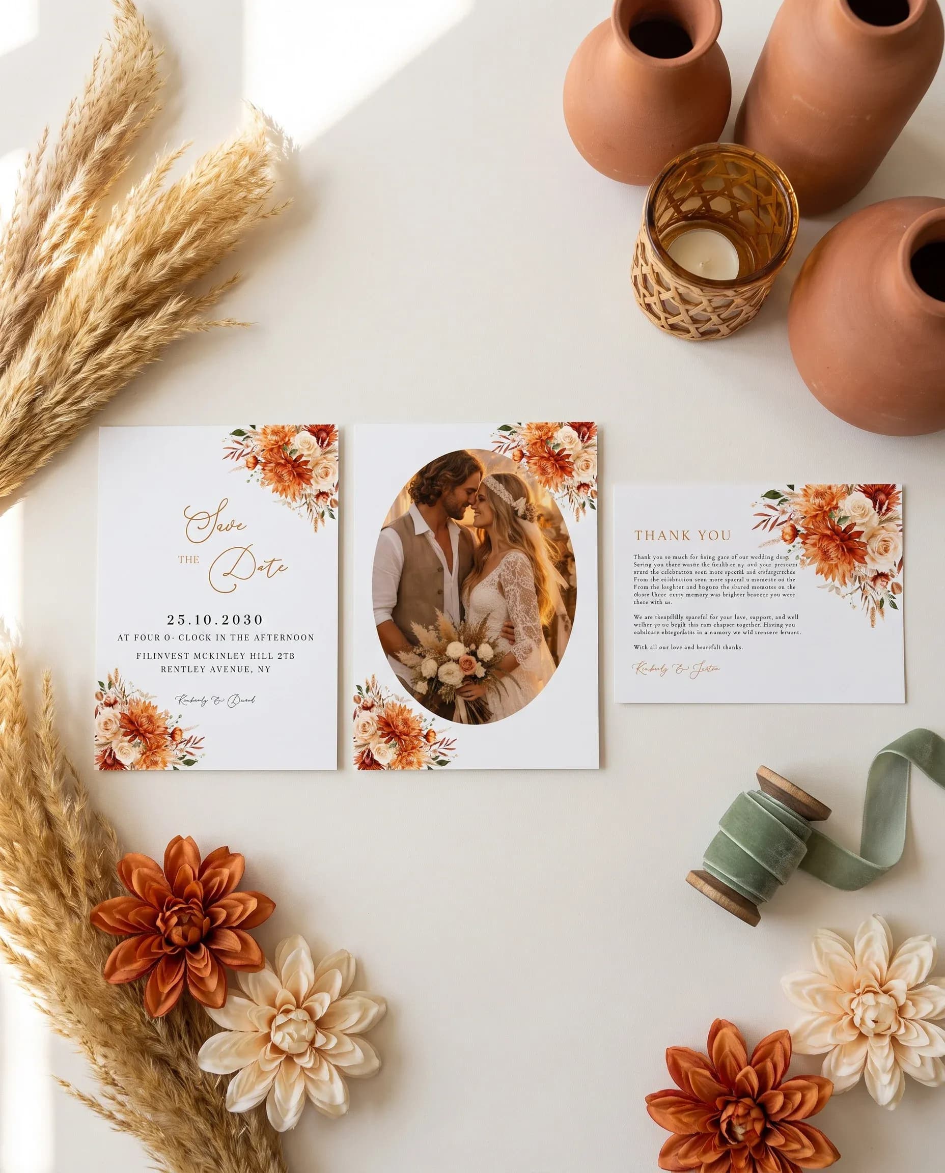 Marigold wedding invitation set — save the date and thank you card arranged flat lay style in soft natural light, wedding invitation templates.