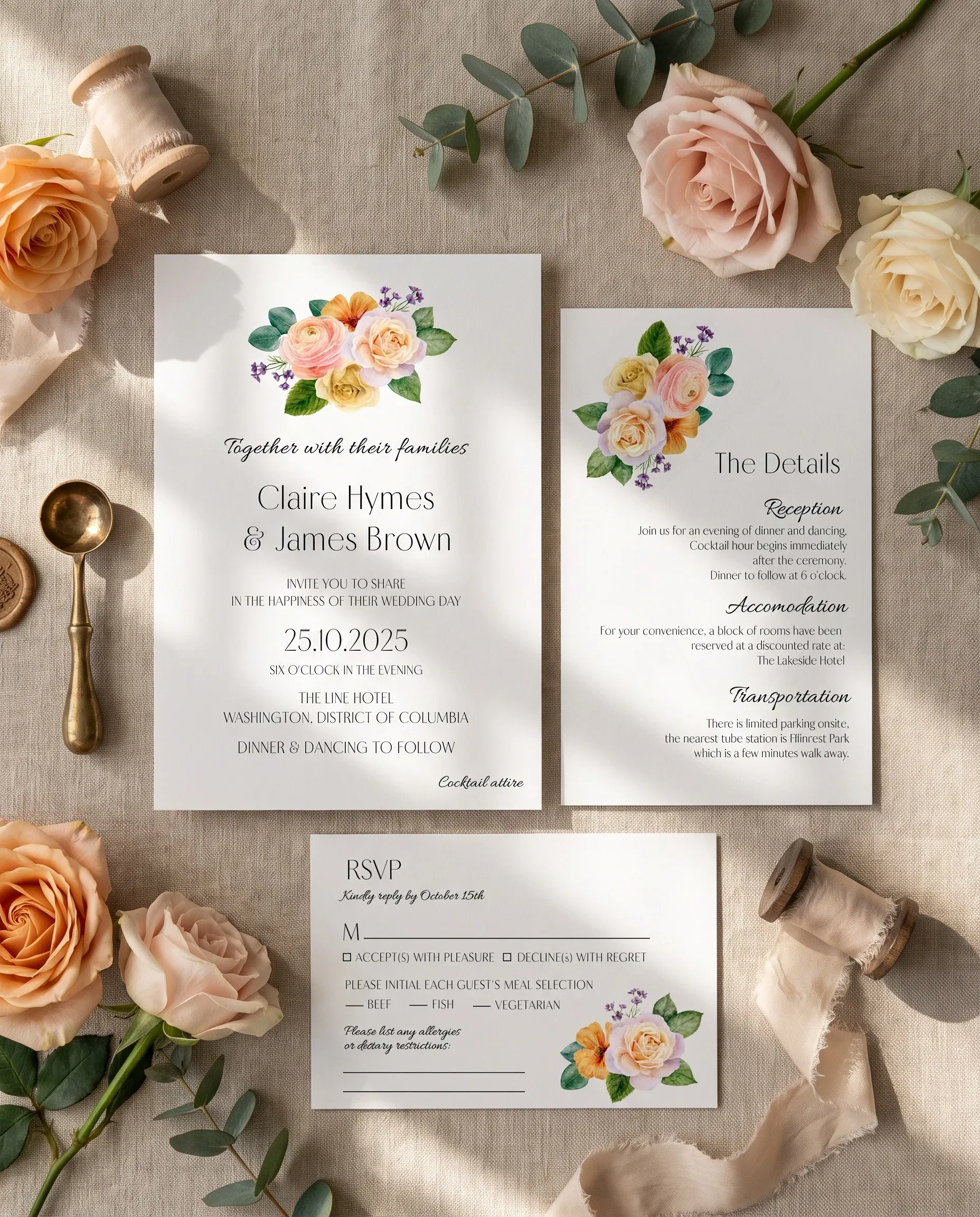 Petal Glade wedding invitation suite — invitation, details card and RSVP shown in a flat lay, wedding invitation templates.