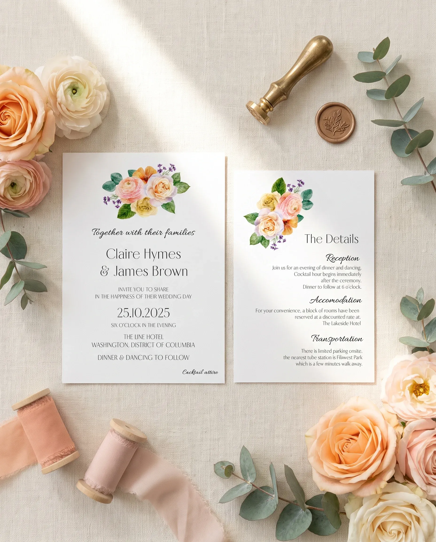 Petal Glade wedding invitation suite — invitation and details card shown in a flat lay on premium editorial paper under soft natural light, wedding details card.