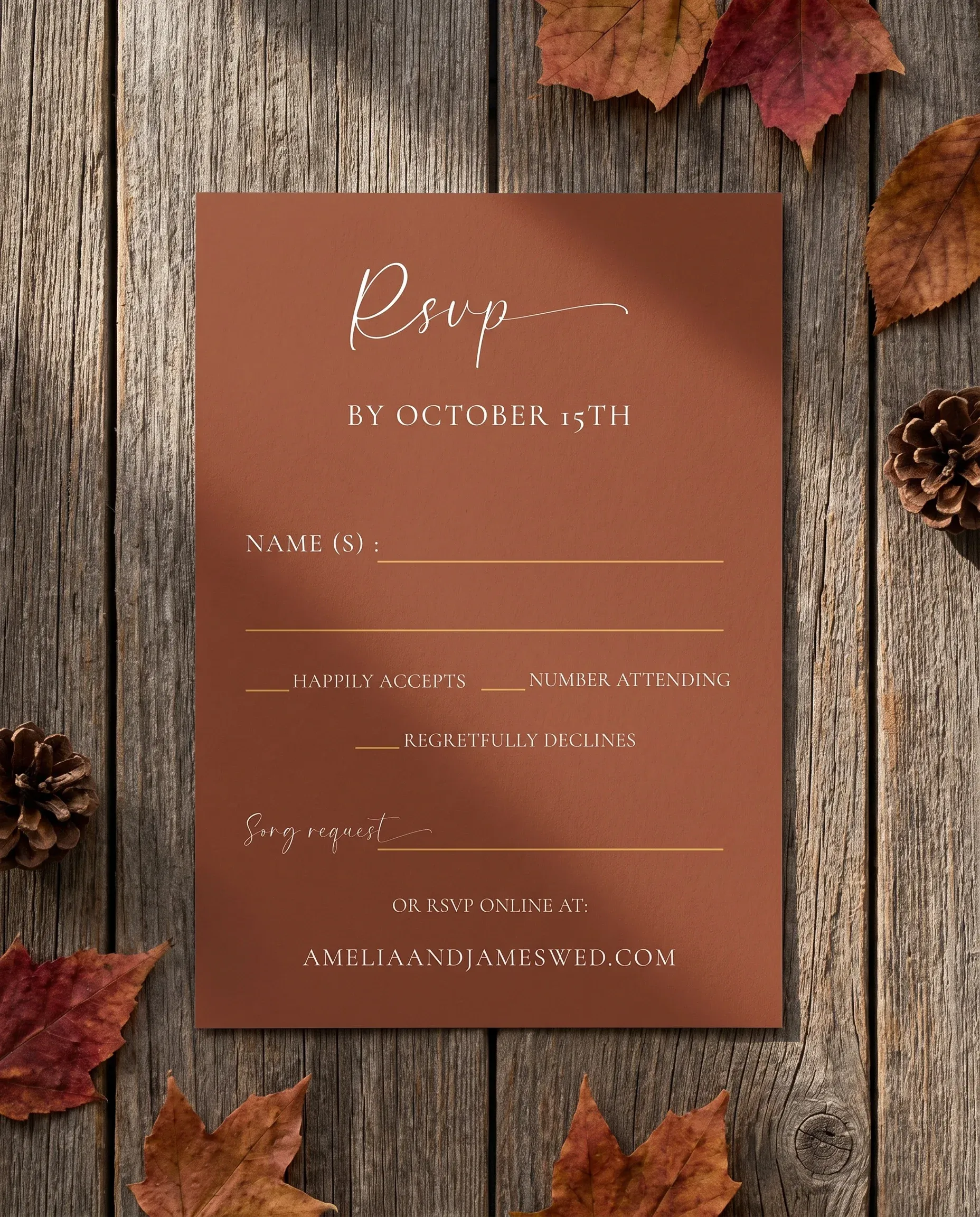 Timberline Reverie wedding invitation suite — RSVP card shown in a flat lay under soft natural light, wedding RSVP cards