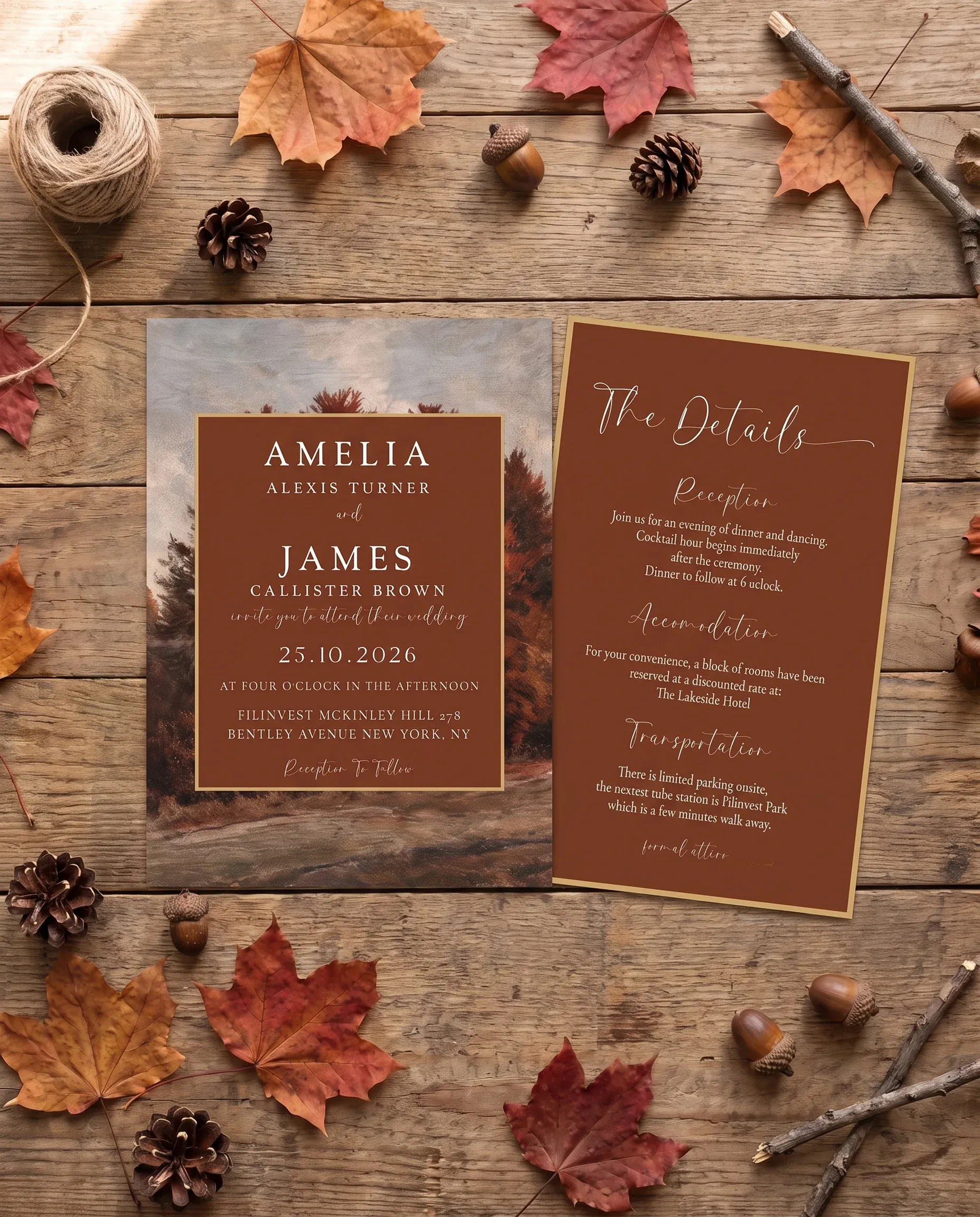 Timberline Reverie wedding invitation suite — invitation and details card arranged together in a flat lay with soft overhead light, wedding details card.