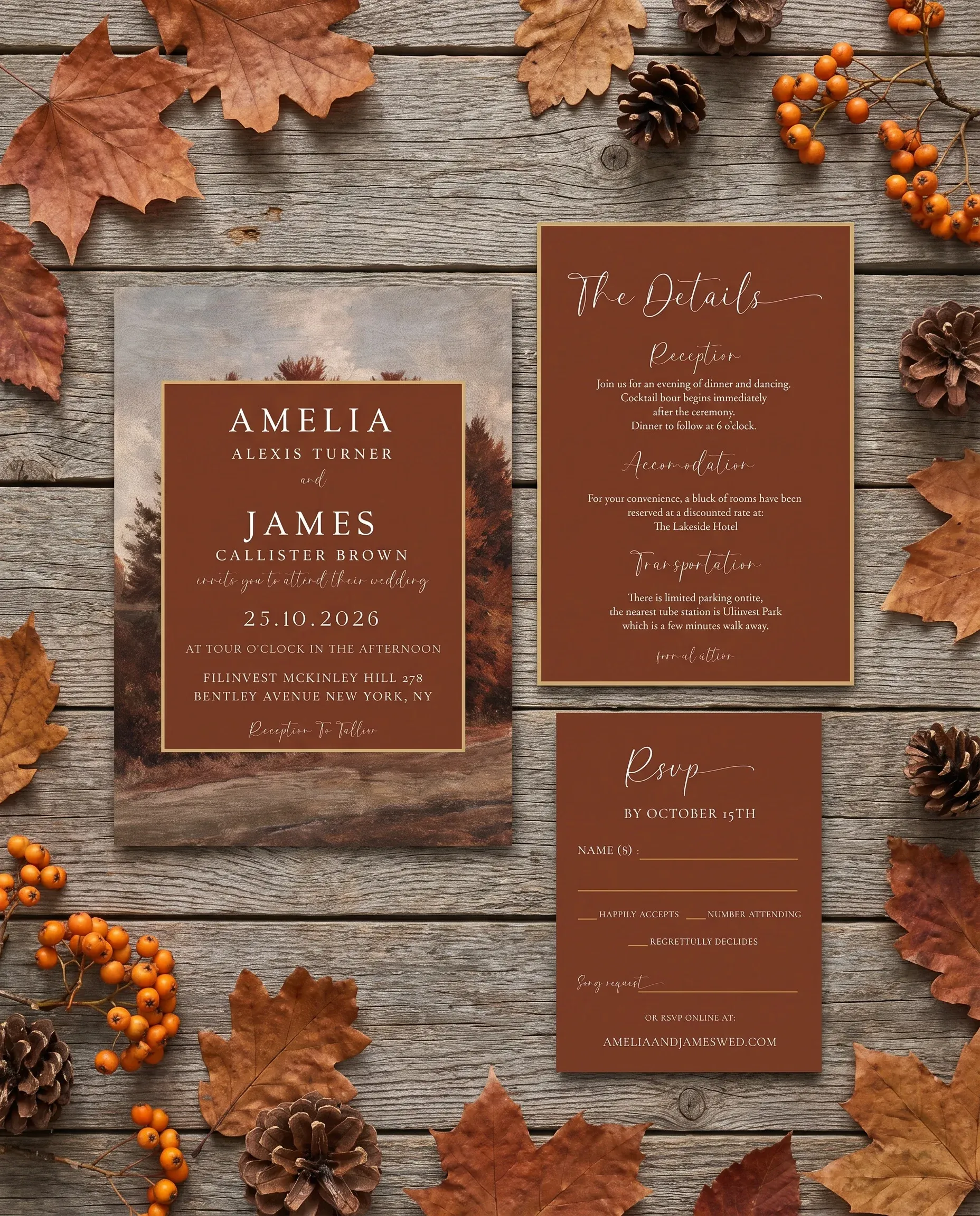 Timberline Reverie wedding invitation suite — invitation, details card and RSVP shown in a flat lay, wedding invitation templates.