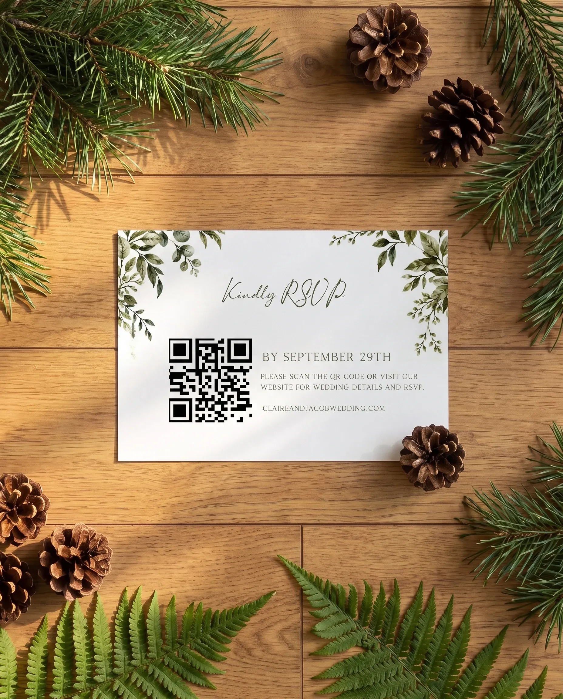 Canopy Grove wedding invitation suite — RSVP card shown in a flat lay, photographed from a slight overhead angle in soft natural light, wedding RSVP cards.