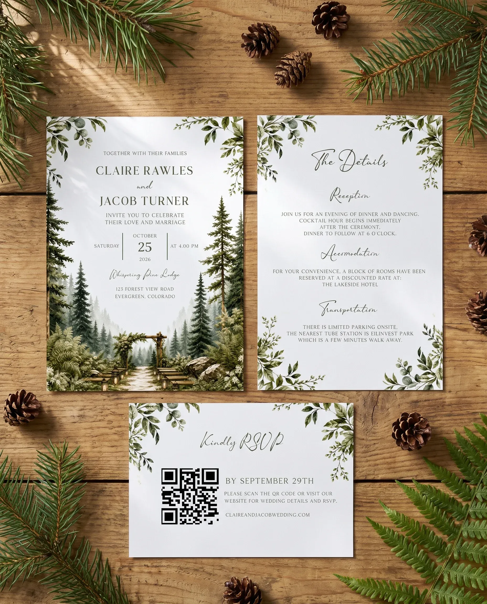 Canopy Grove wedding invitation suite — invitation, details card and RSVP shown in a flat lay, wedding invitation templates.