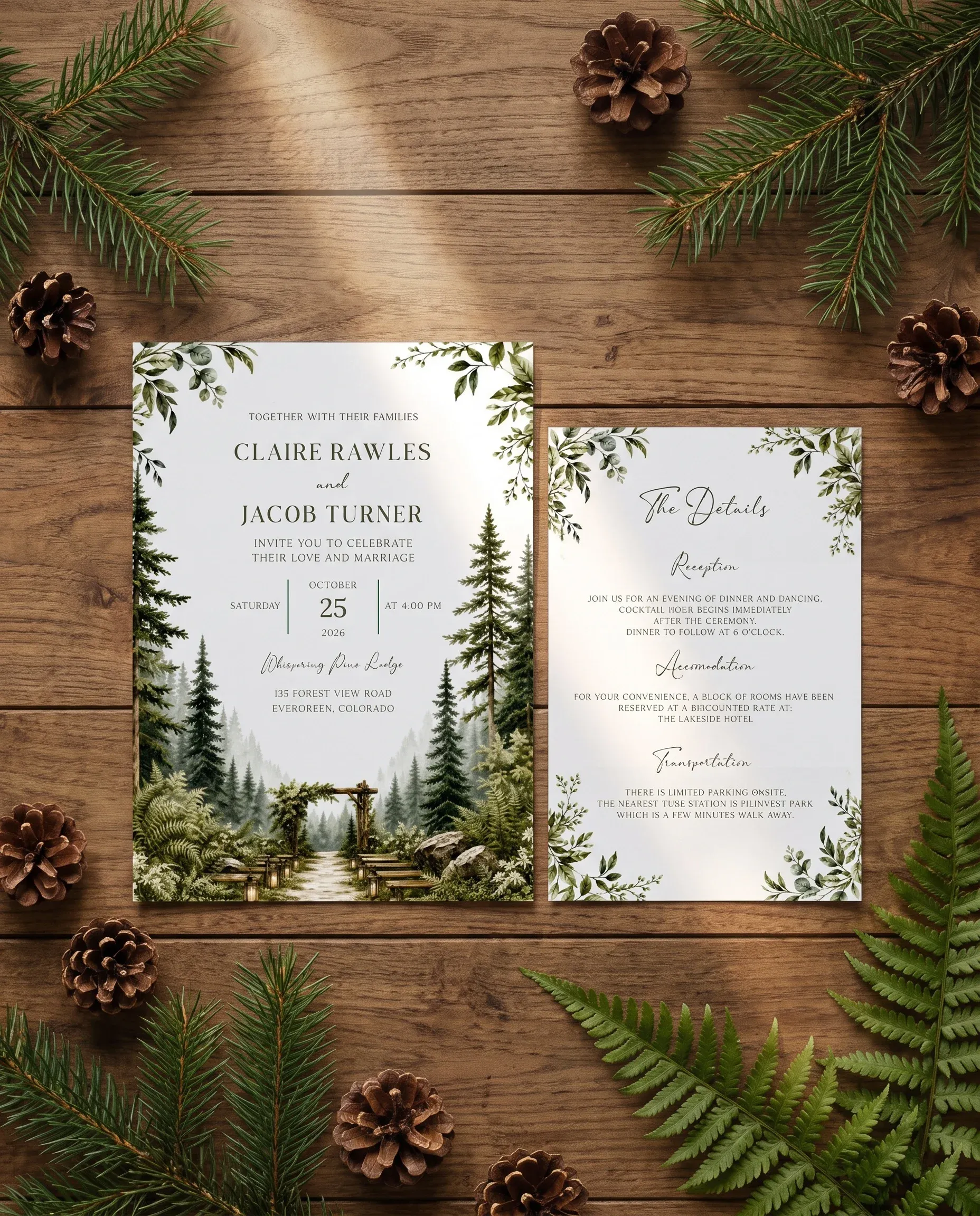 Canopy Grove wedding invitation suite — invitation and details card shown in a flat lay, wedding details card.