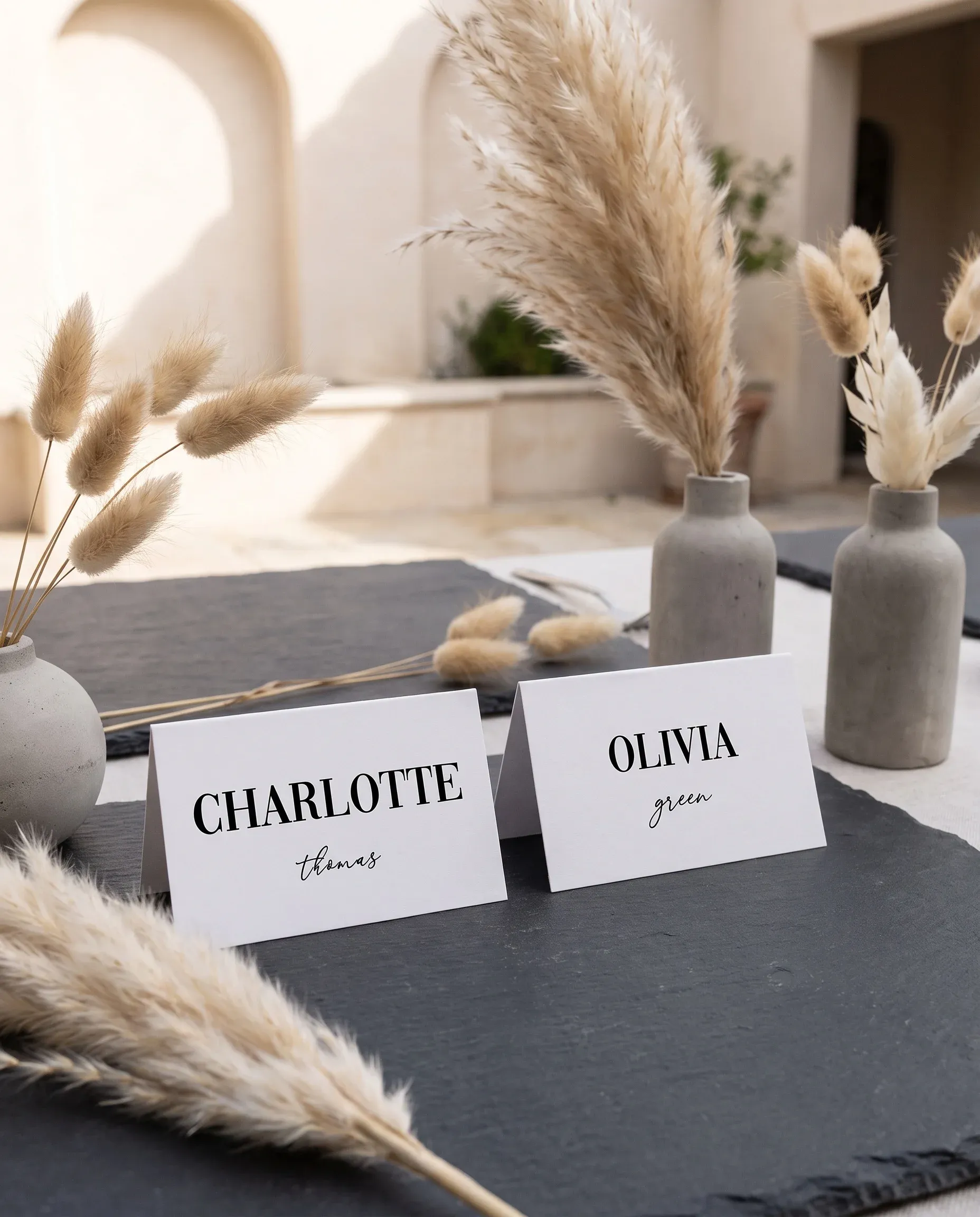 Barline wedding place cards — place cards arranged on a dressed reception table under soft natural light, place card template