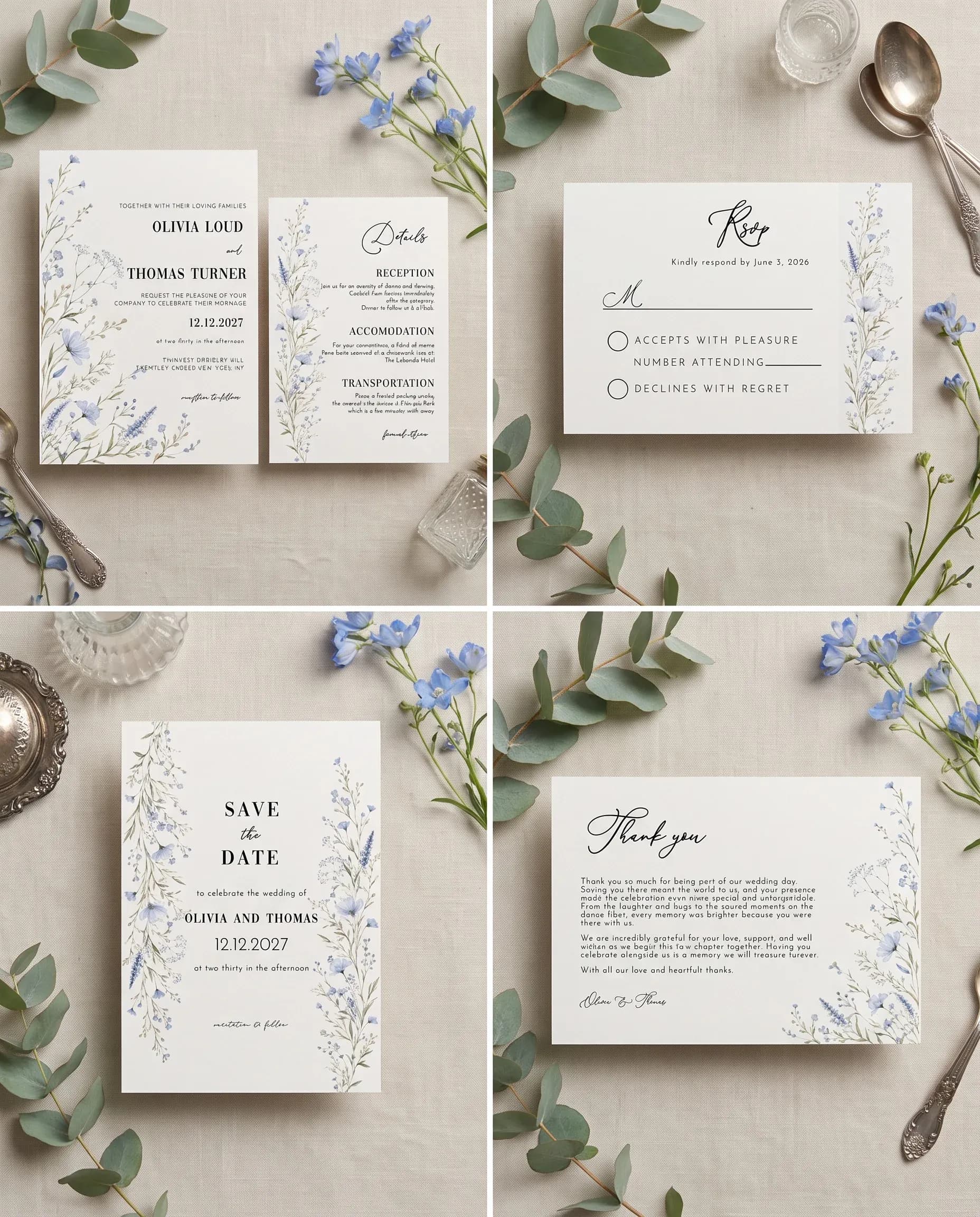 Azure Sprig wedding invitation set — Invitation, details card, RSVP, save the date and thank you card shown in a flat lay, wedding invitation suite