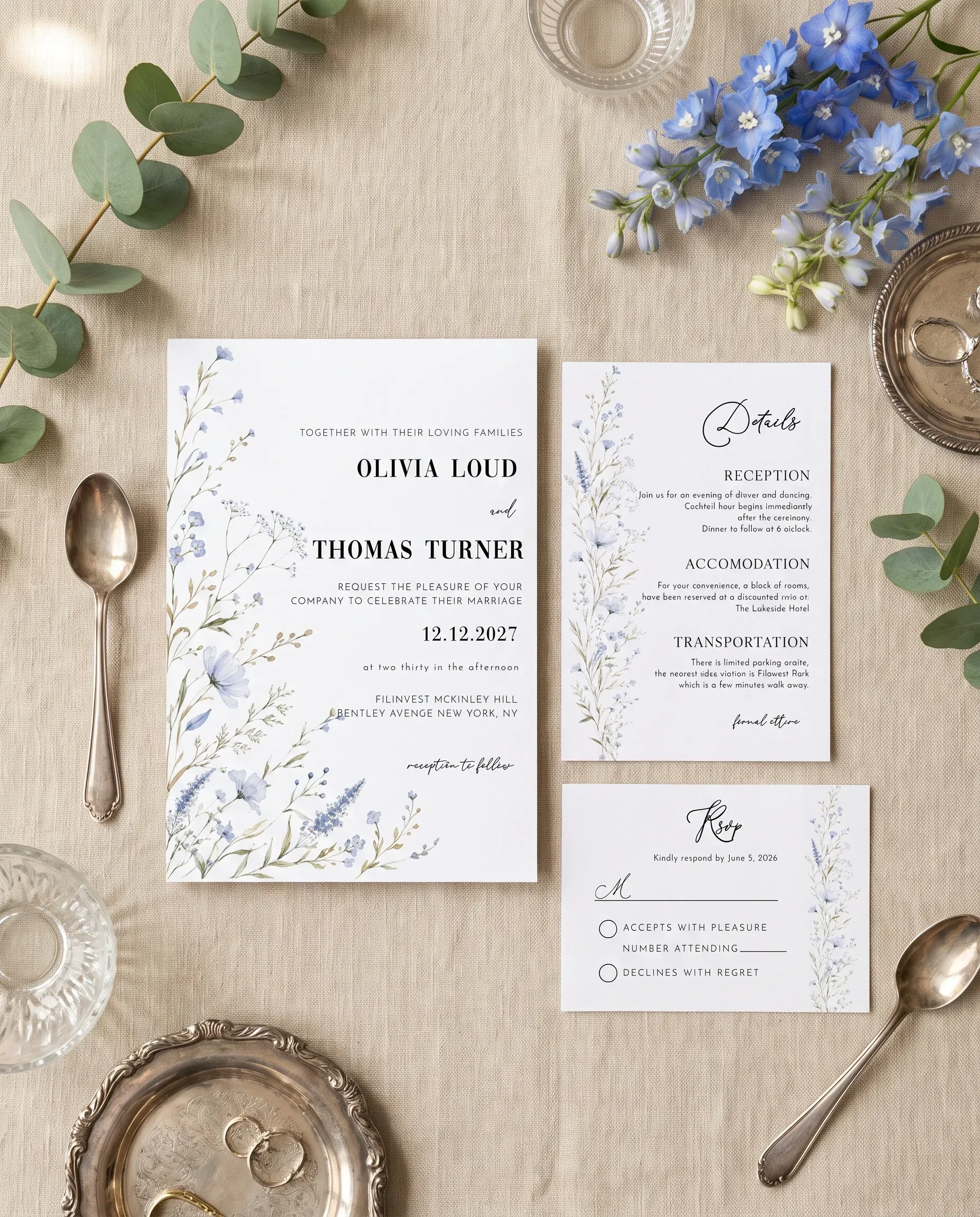 Azure Sprig wedding invitation set — Invitation, details card and RSVP card shown in a flat lay, printable wedding invitations