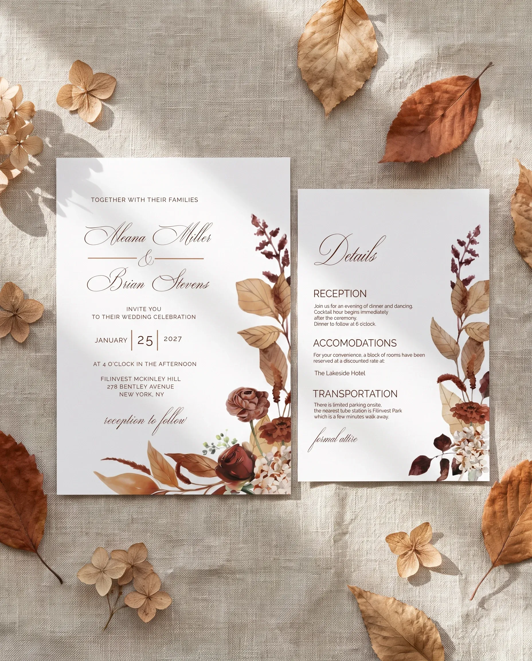 Bramble Row wedding invitation suite — invitation and details card arranged side by side in a flat lay, wedding details card.