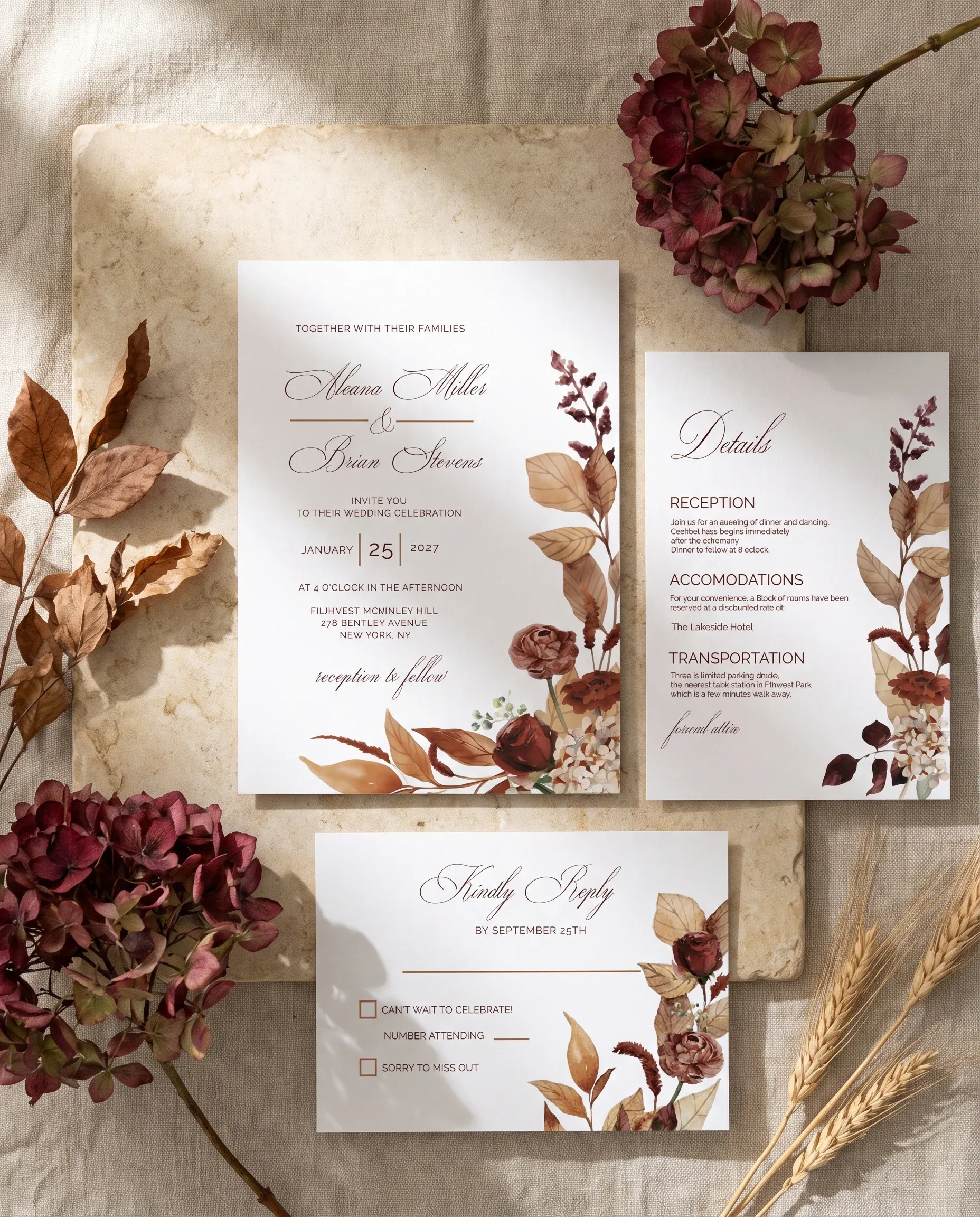 Bramble Row wedding invitation suite — invitation, details card and RSVP shown in a flat lay under soft natural light, wedding invitation templates