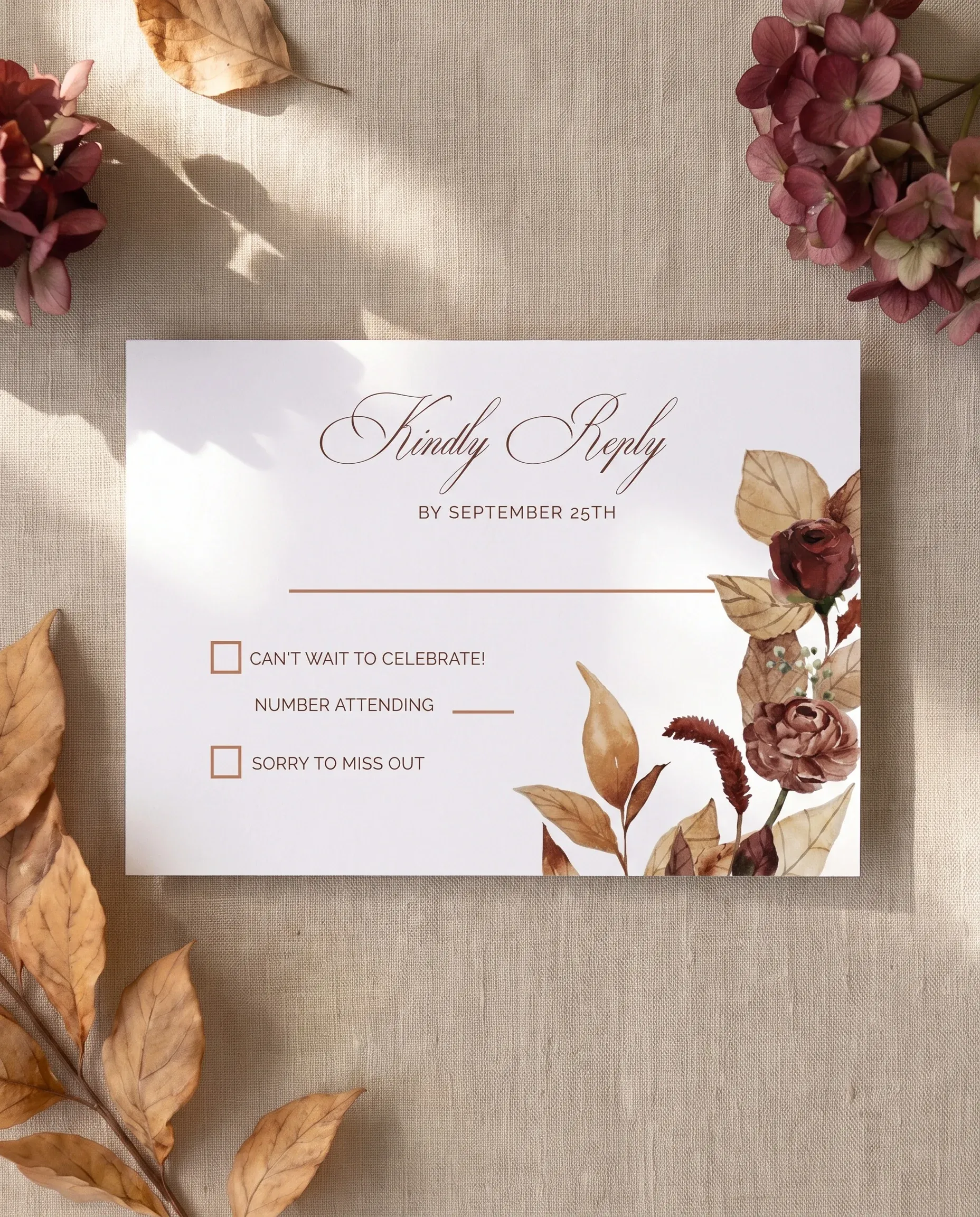 Bramble Row wedding invitation suite — RSVP card shown in a flat lay under soft natural light, wedding RSVP cards.