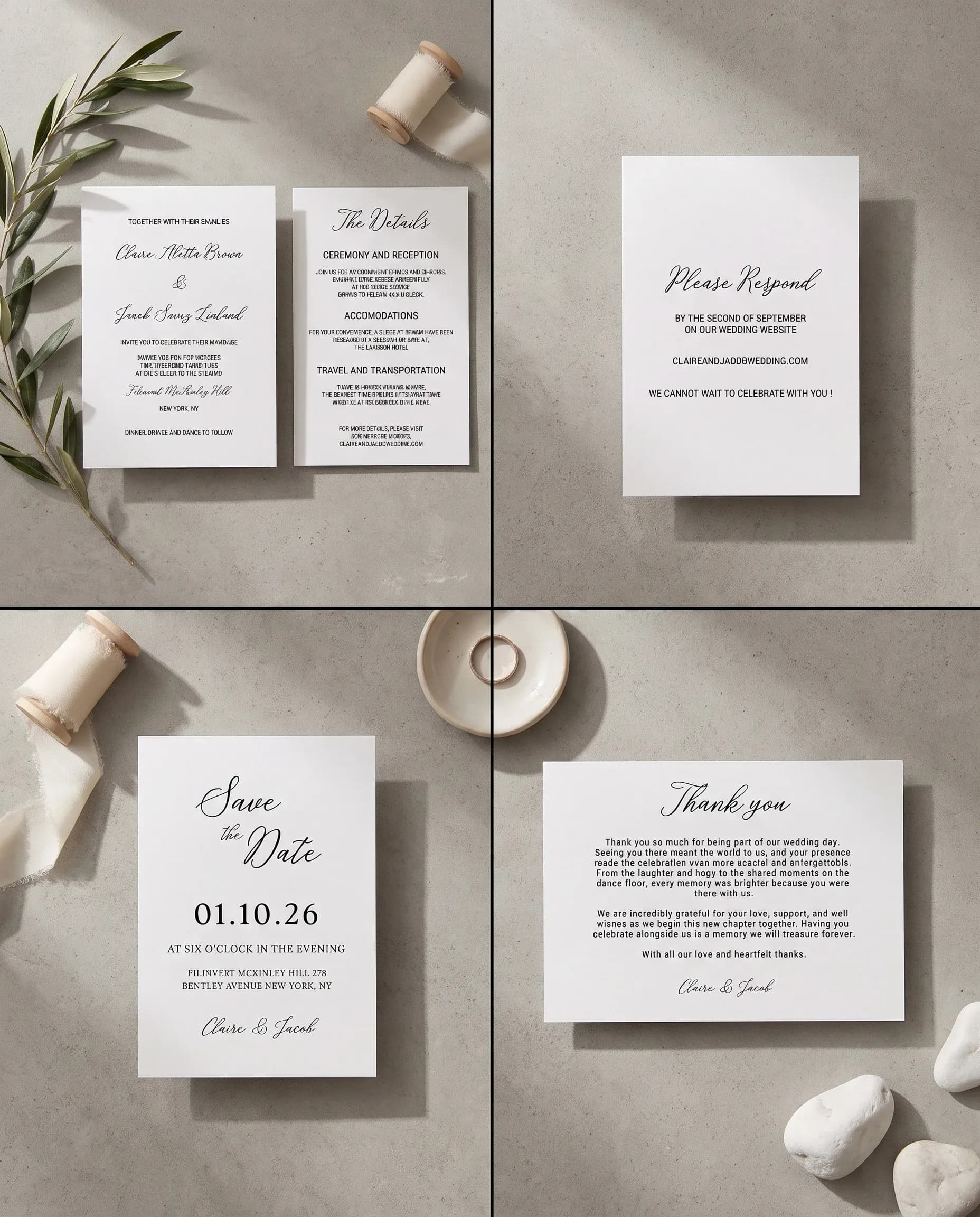 Lyris wedding invitation set — Invitation, details card, RSVP, save the date and thank you card shown in a flat lay, Wedding invitation templates