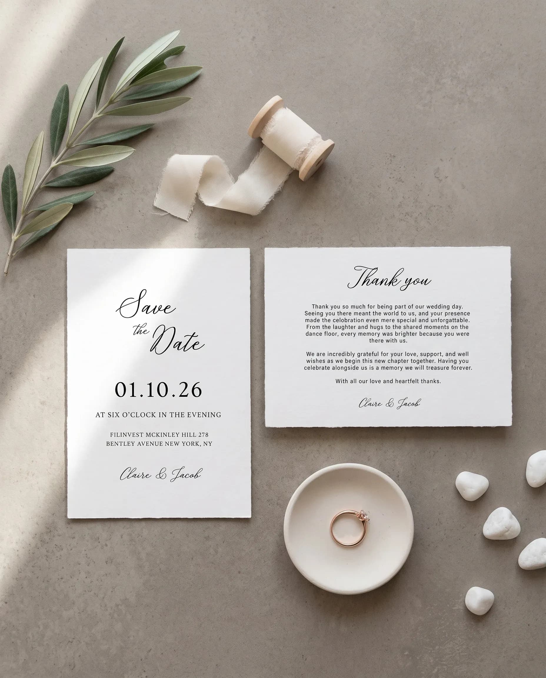 Lyris wedding invitation set — Save the date and thank you card shown in a flat lay, wedding invitation templates
