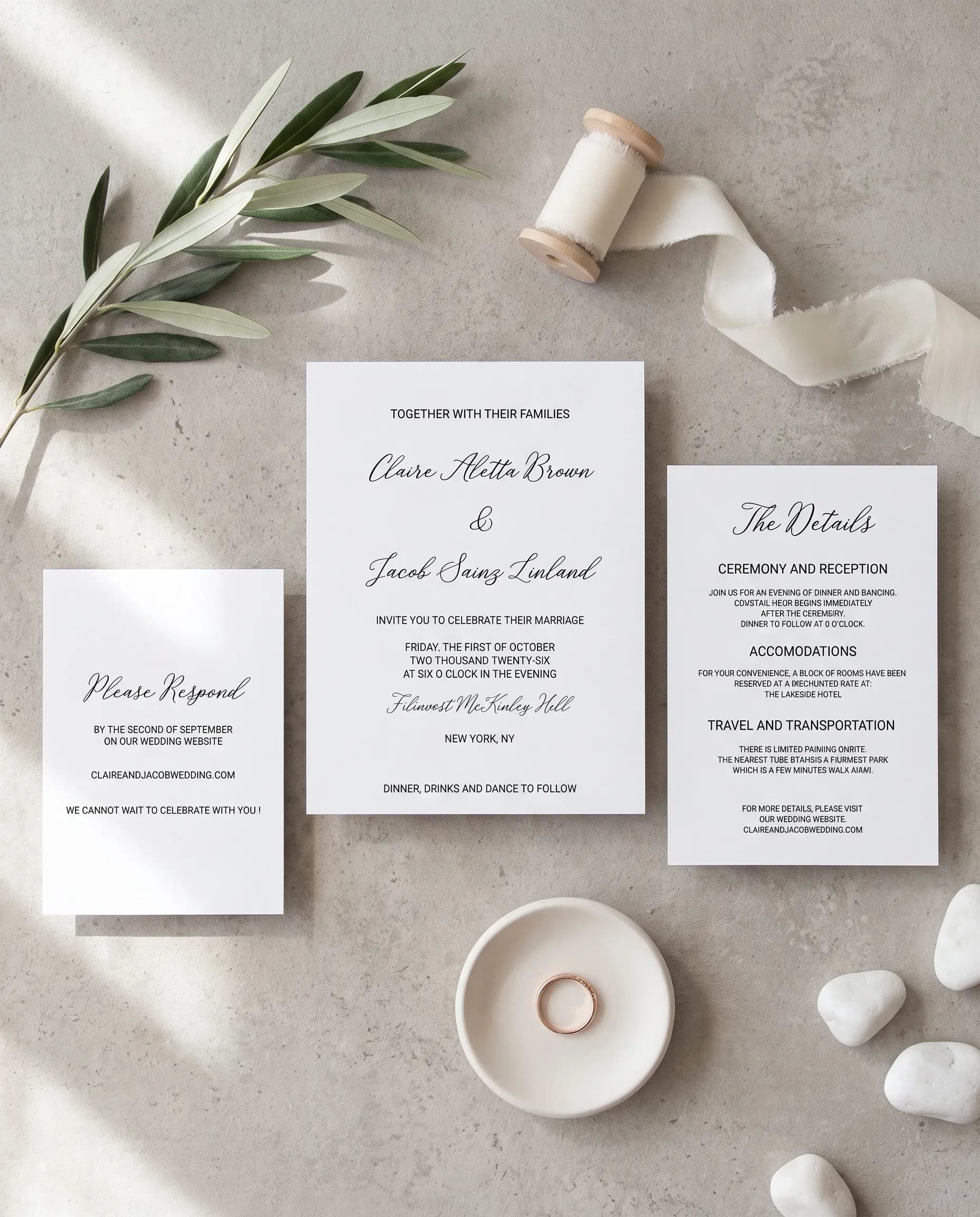 Lyris wedding invitation set — Invitation, details card and RSVP card shown in a flat lay, wedding invitations