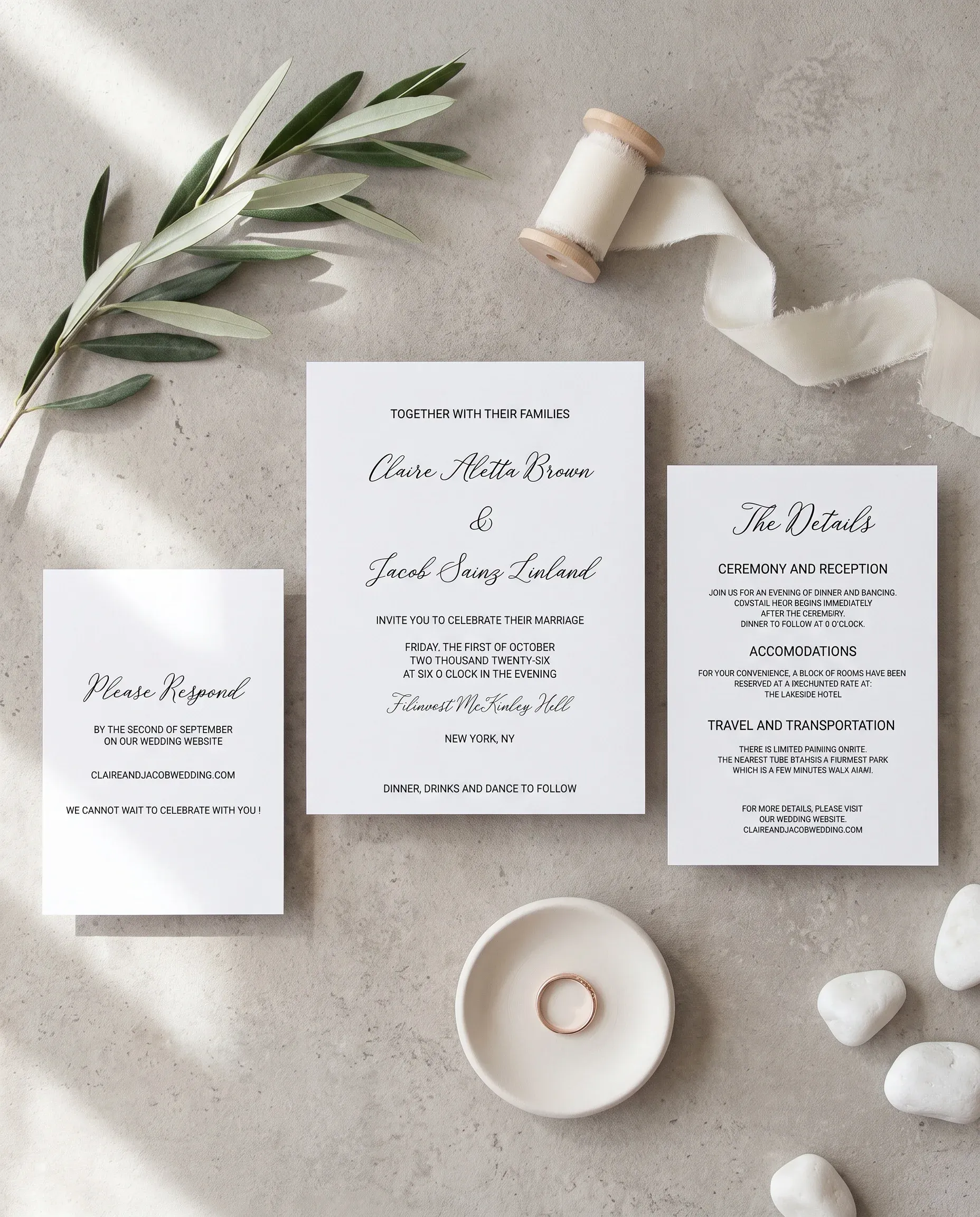 Lyris wedding invitation set — Invitation, details card and RSVP card shown in a flat lay, wedding invitations