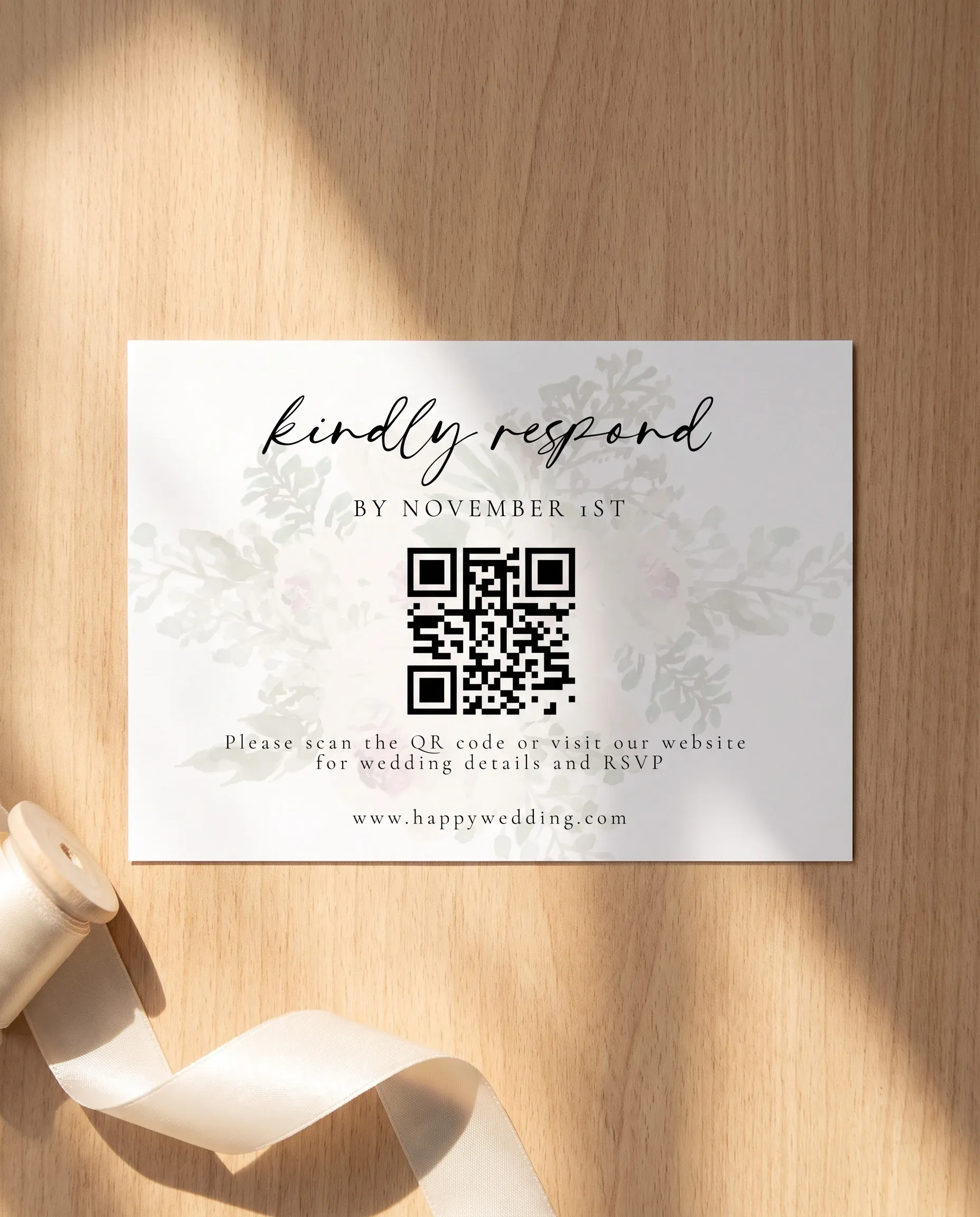 Seraphine wedding invitation suite — RSVP card shown in a flat lay with soft overhead lighting, wedding RSVP cards.