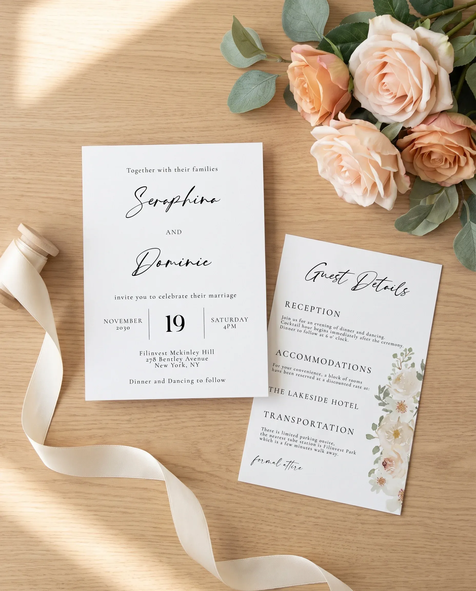 Seraphine wedding invitation suite — invitation and details card shown in a flat lay, wedding details card