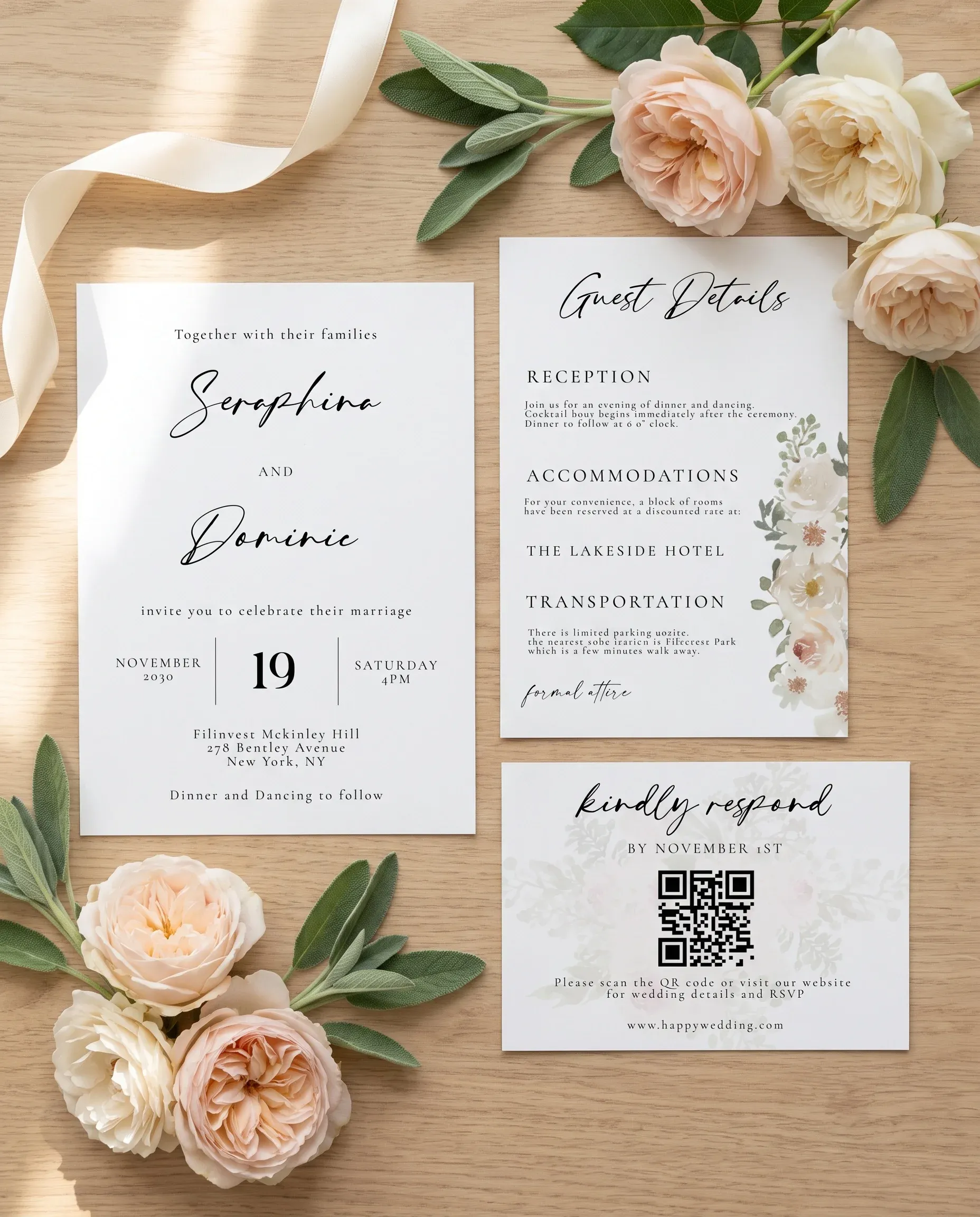 Seraphine wedding invitation suite — invitation, details card and RSVP shown in a flat lay, wedding invitation templates