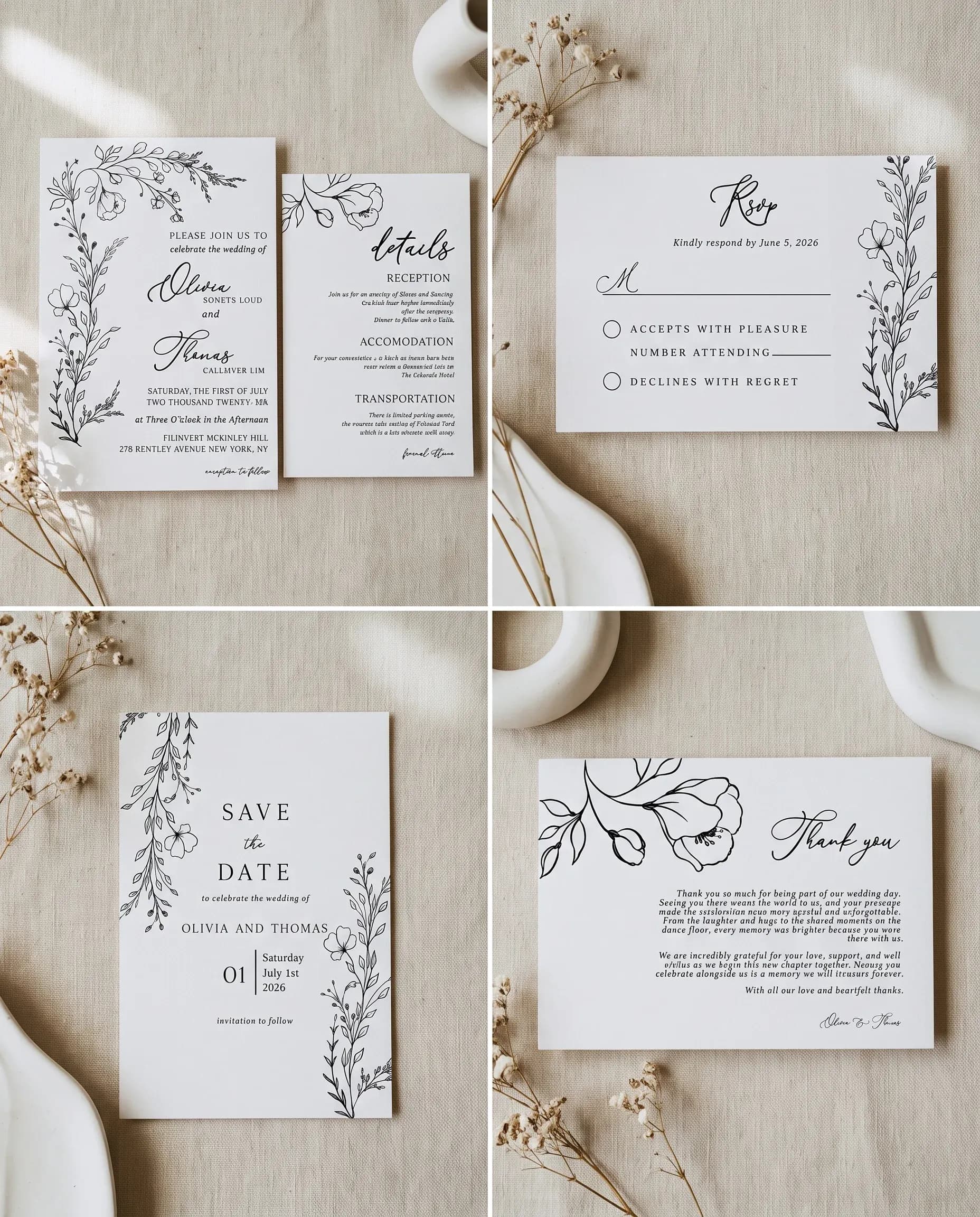 Meadow Sprig wedding invitation set — Invitation, details card, RSVP, save the date and thank you card shown in a flat lay, wedding invitation suite