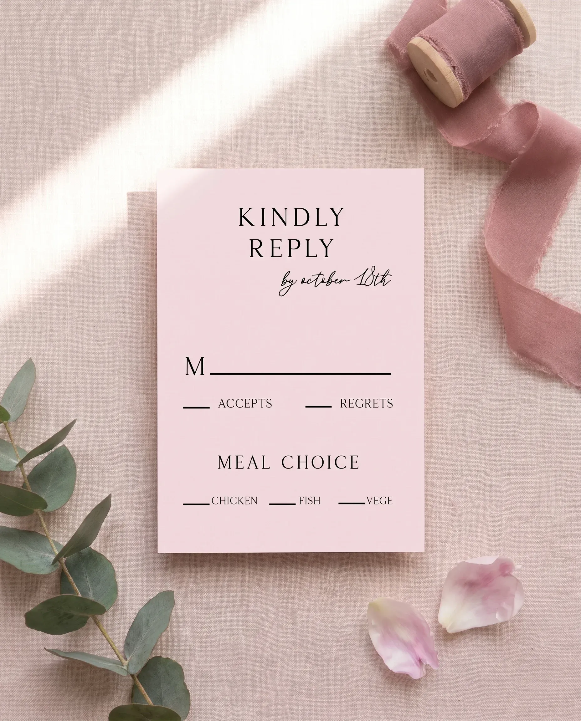 Blush Peony wedding invitation suite — RSVP card shown in a flat lay under soft natural light, wedding RSVP cards.
