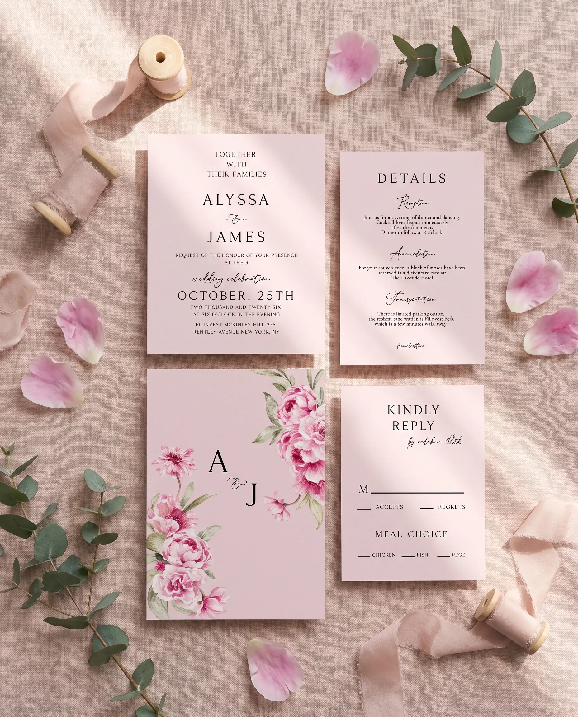 Blush Peony wedding invitation suite — invitation, details card and RSVP shown in a flat lay, wedding invitation templates