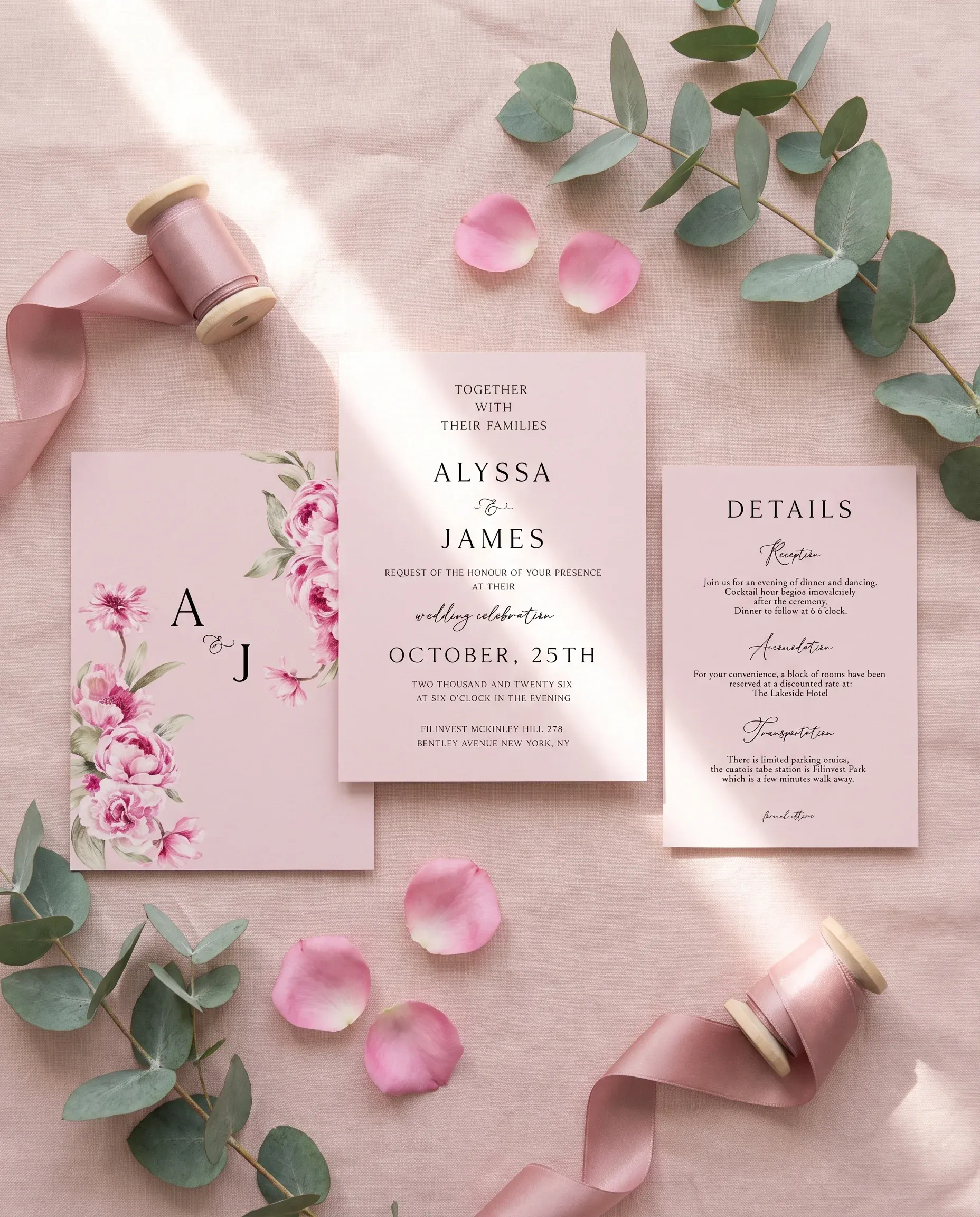 Blush Peony wedding invitation suite — invitation and details card shown in a flat lay, wedding details card.