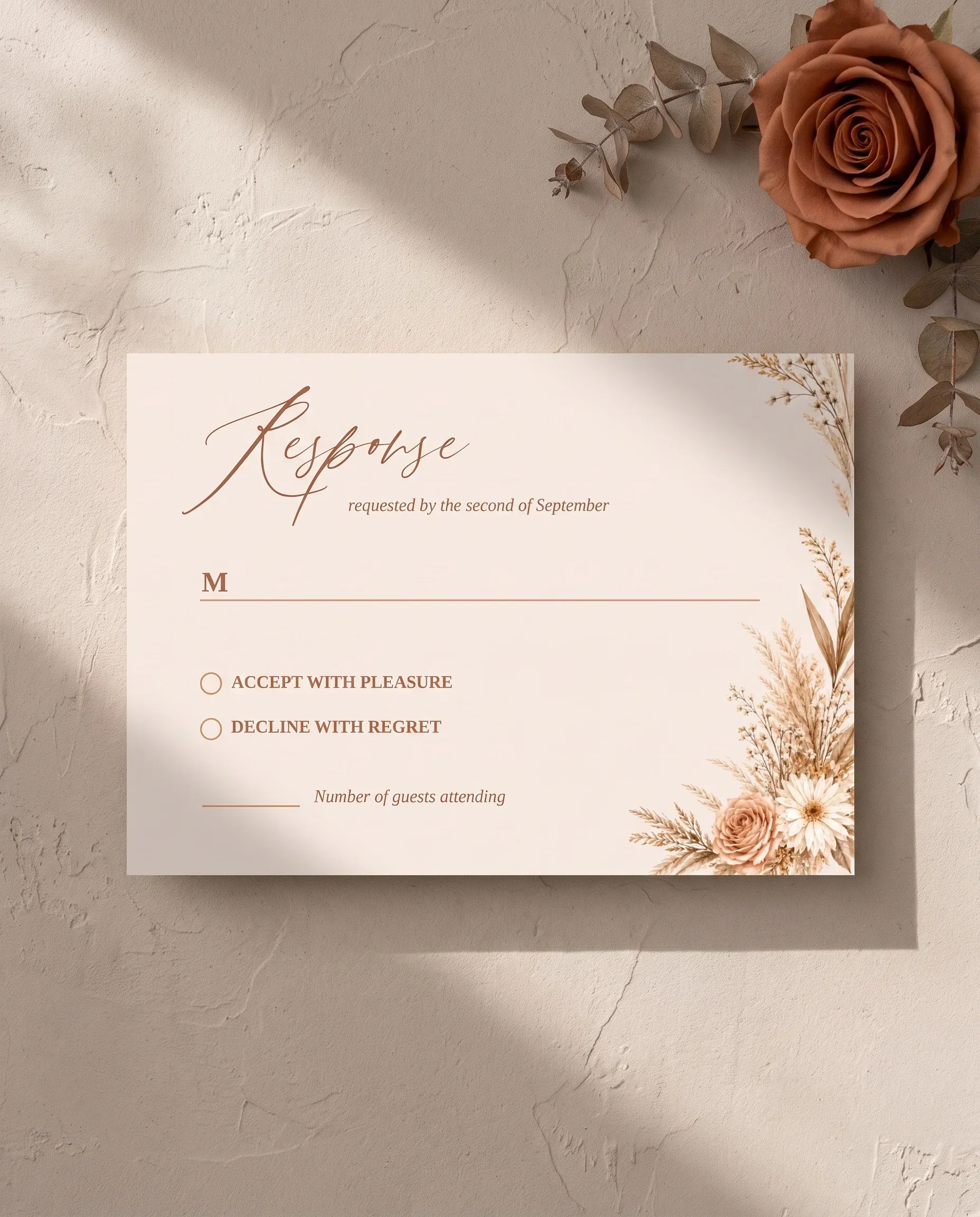 Pampas Hush wedding invitation suite — RSVP card shown in a flat lay on premium editorial paper under soft natural light, wedding RSVP cards.