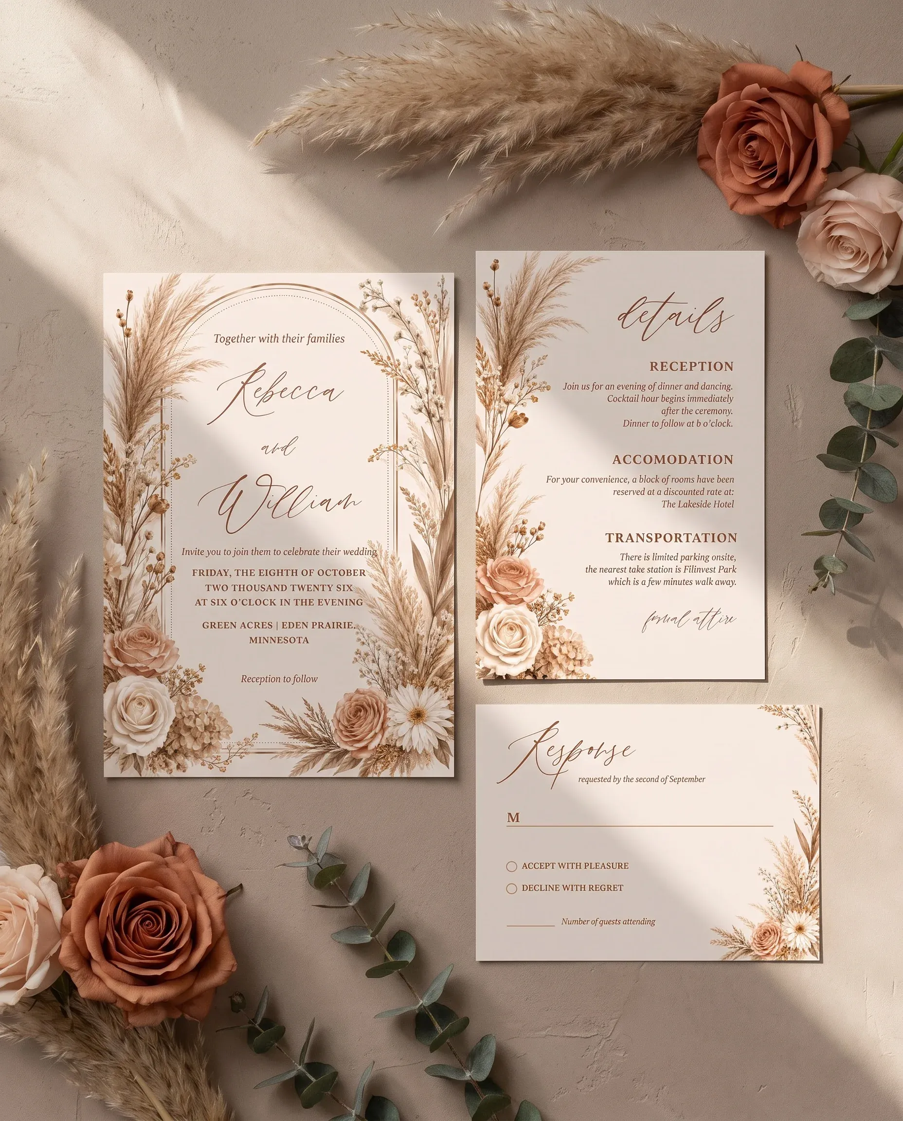 Pampas Hush wedding invitation suite — invitation, details card and RSVP shown in a flat lay, wedding invitation templates.