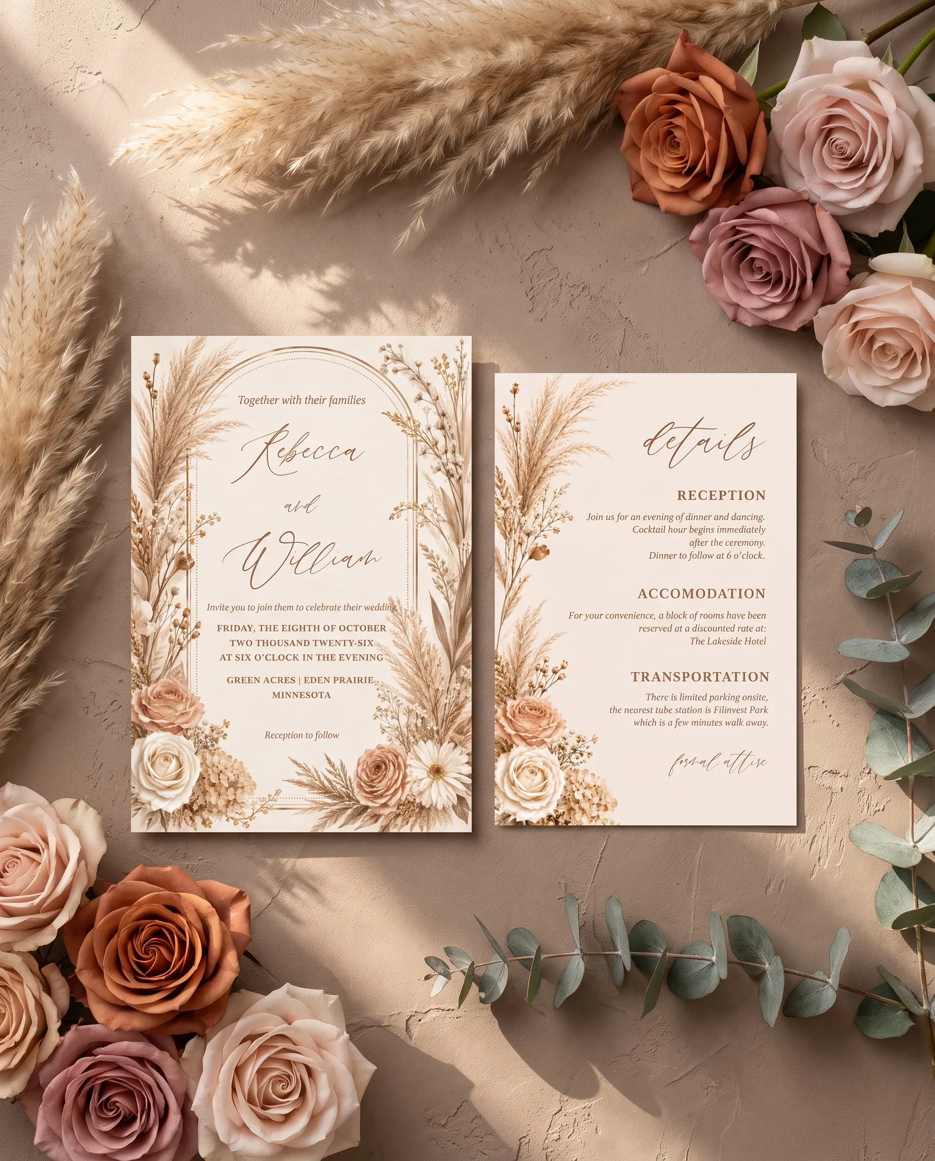 Pampas Hush wedding invitation suite — invitation and details card shown in a flat lay under soft natural light, wedding details card.