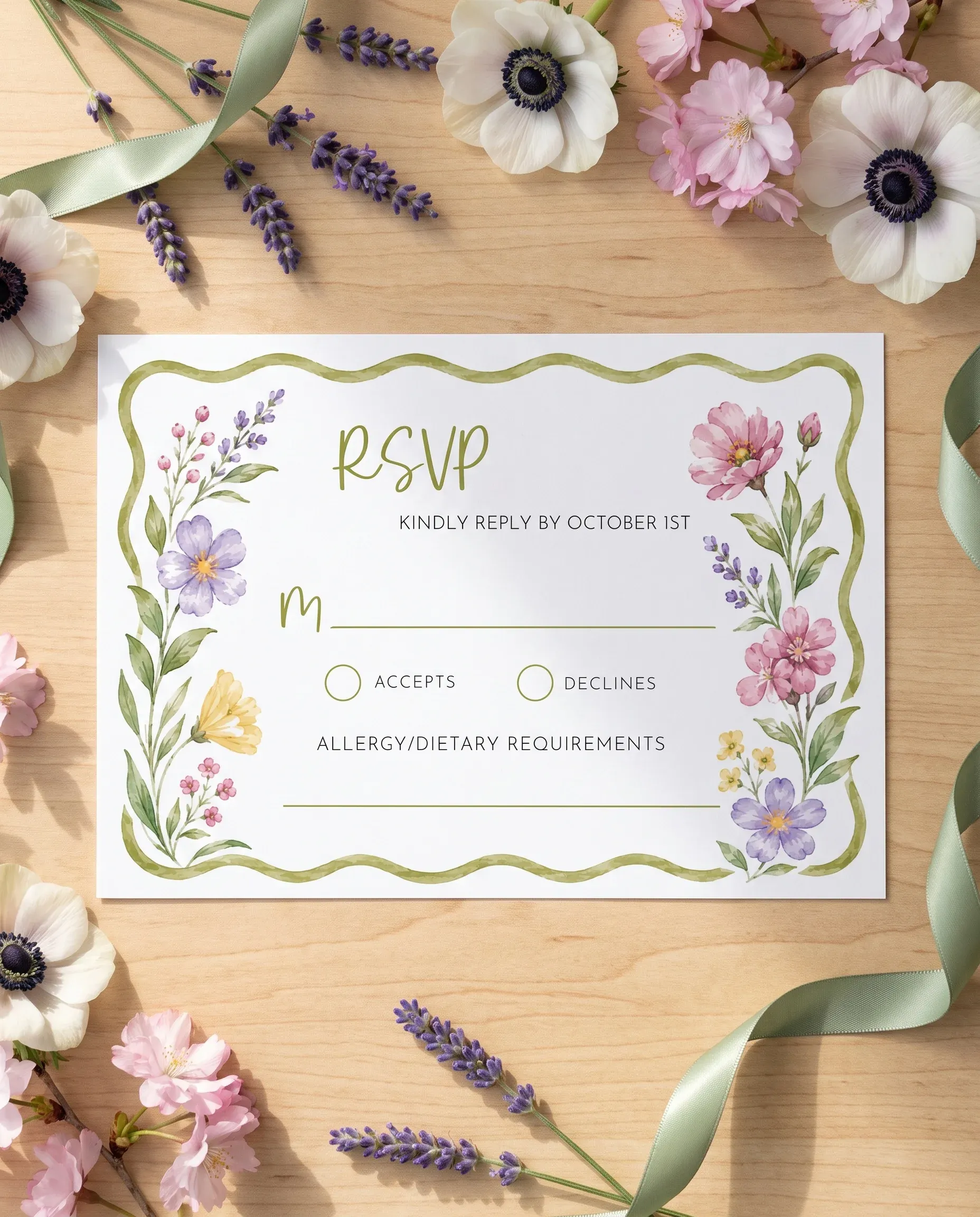 Anemone Toast wedding invitation suite — RSVP card shown in a flat lay under soft natural light, wedding RSVP cards.
