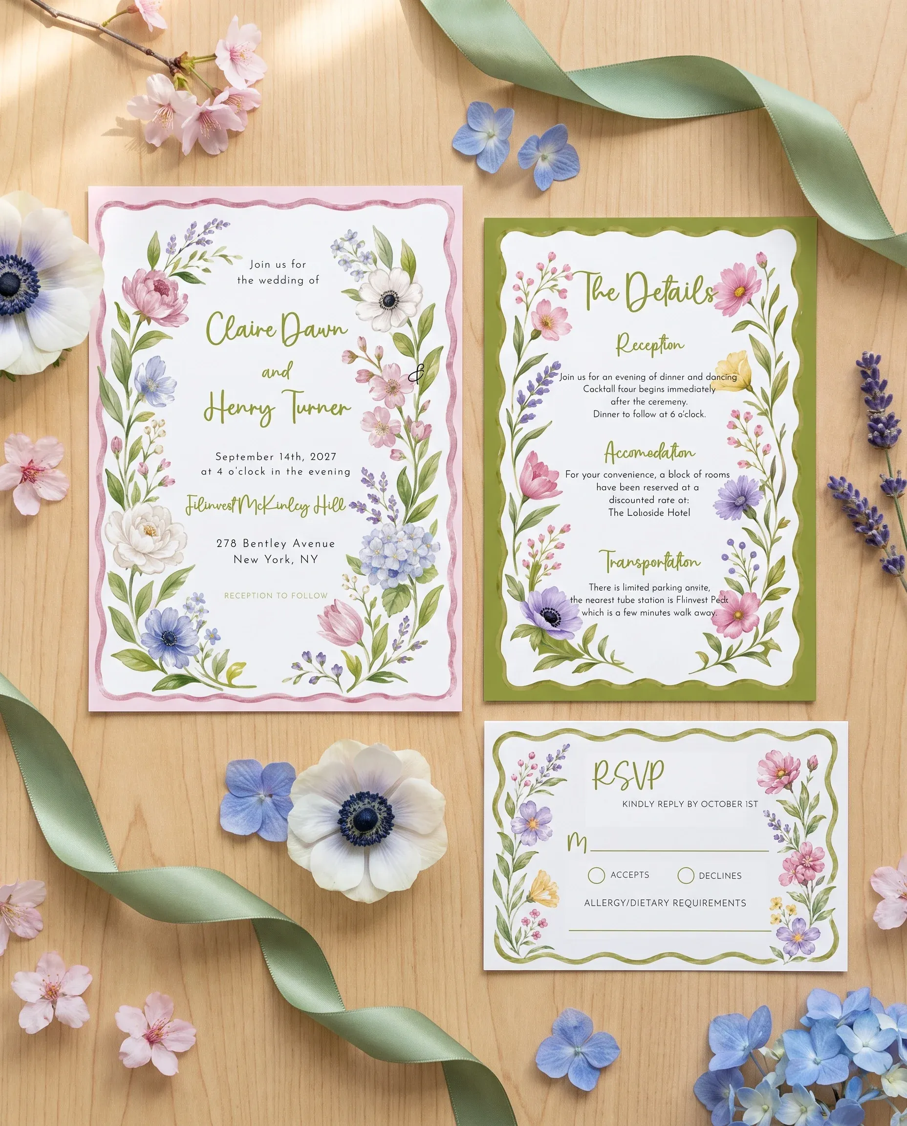 Anemone wedding invitation suite — invitation, details card and RSVP arranged in a flat lay under soft natural light, wedding invitation templates.