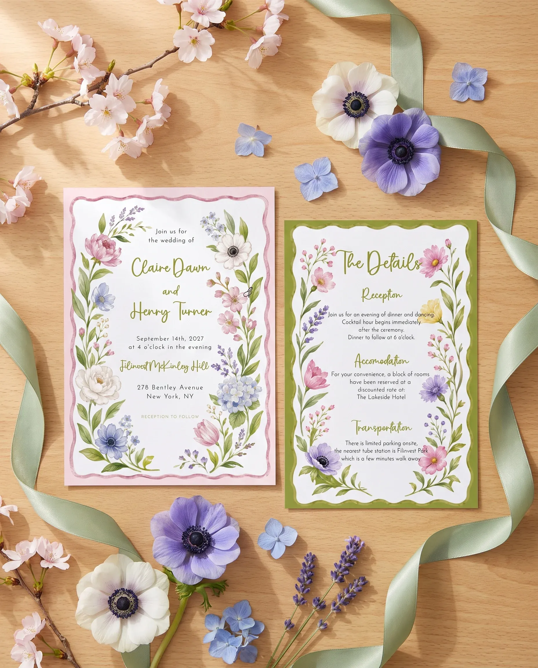 Anemone Toast wedding invitation suite — invitation and details card arranged in a flat lay under soft natural light, wedding details card.