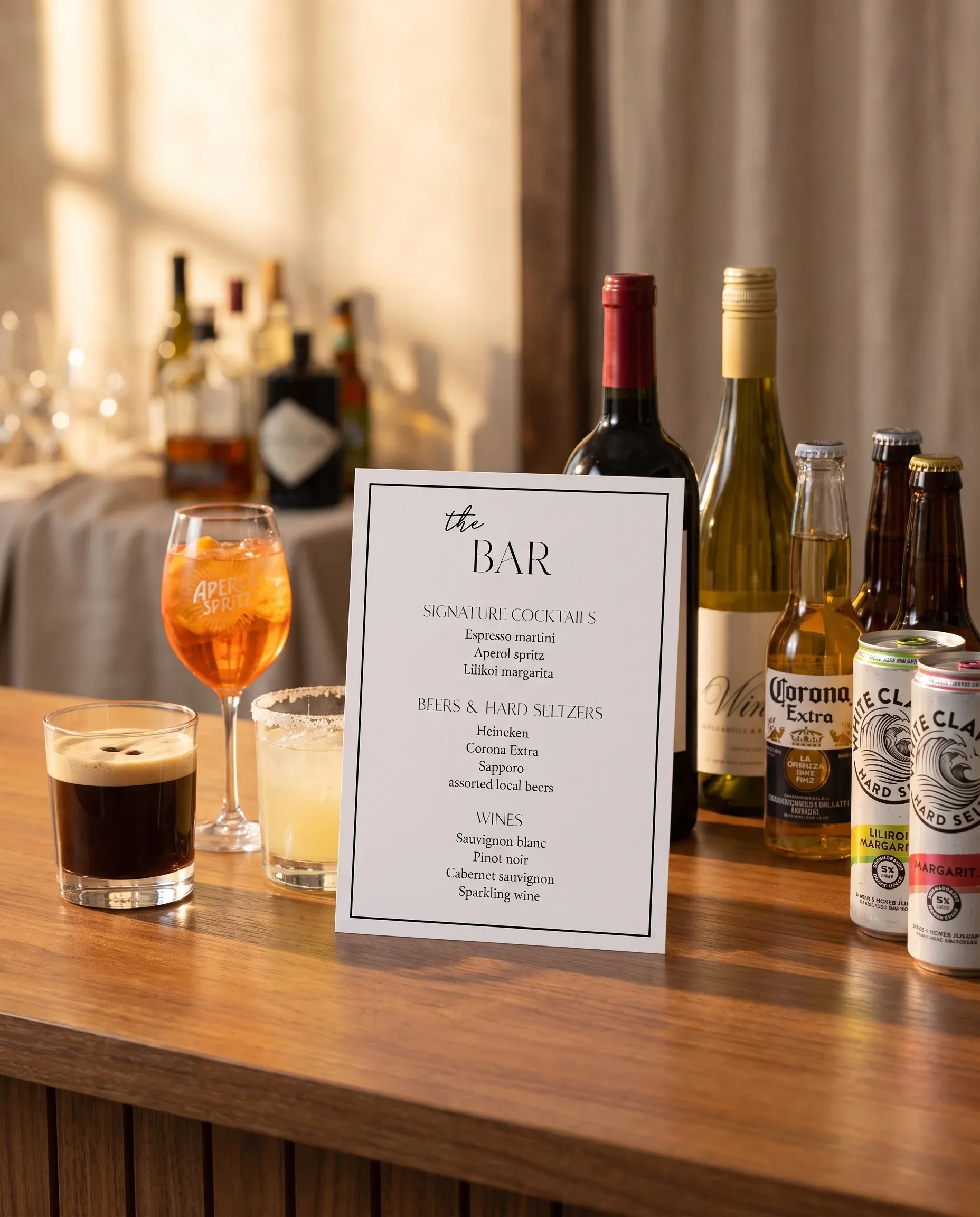 Aurelian — bar menu page displayed on a drinks station under soft natural light, bar menu template