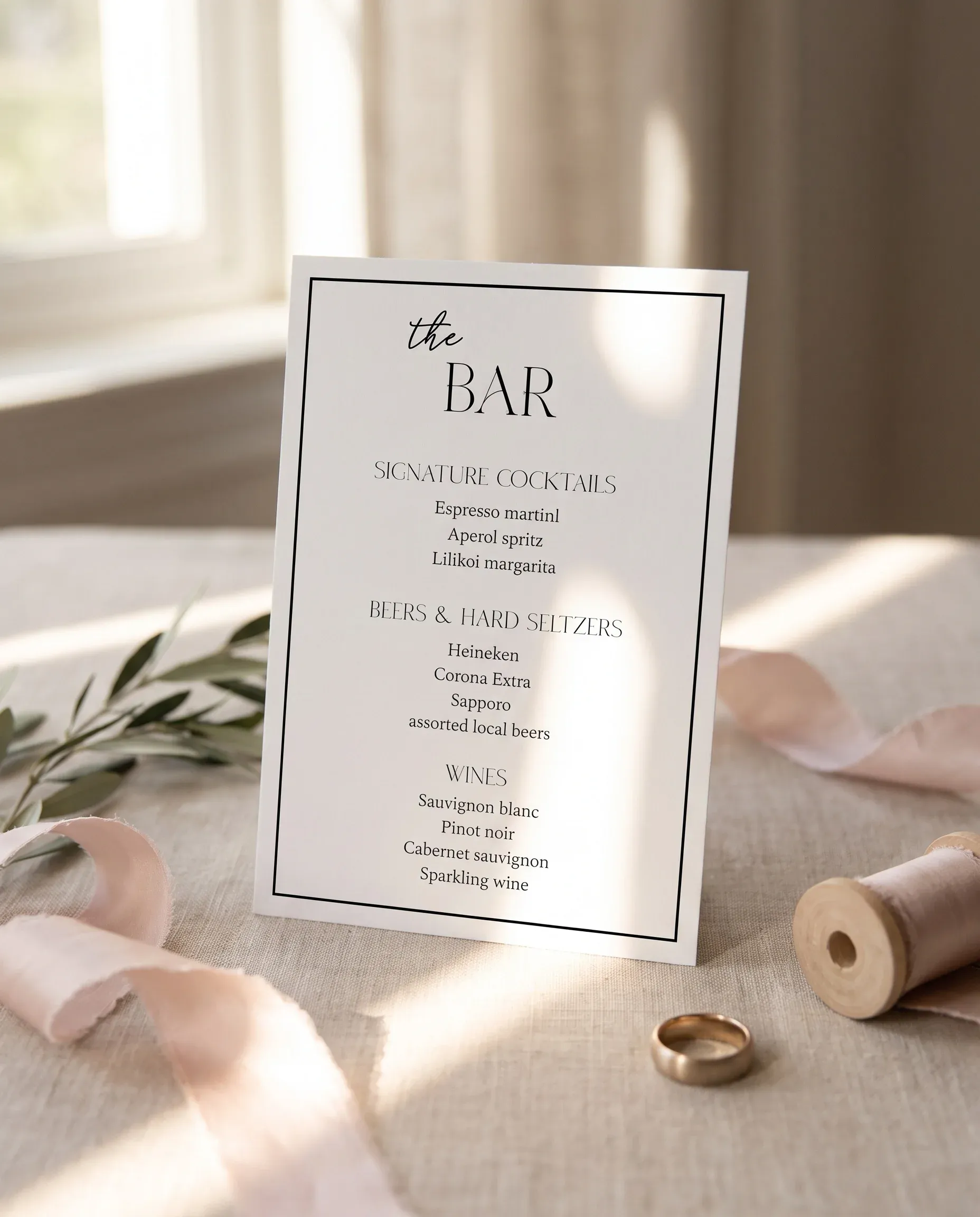 Aurelian — Bar Menu displayed upright on premium editorial paper under soft natural light at a slight overhead angle, wedding bar sign.