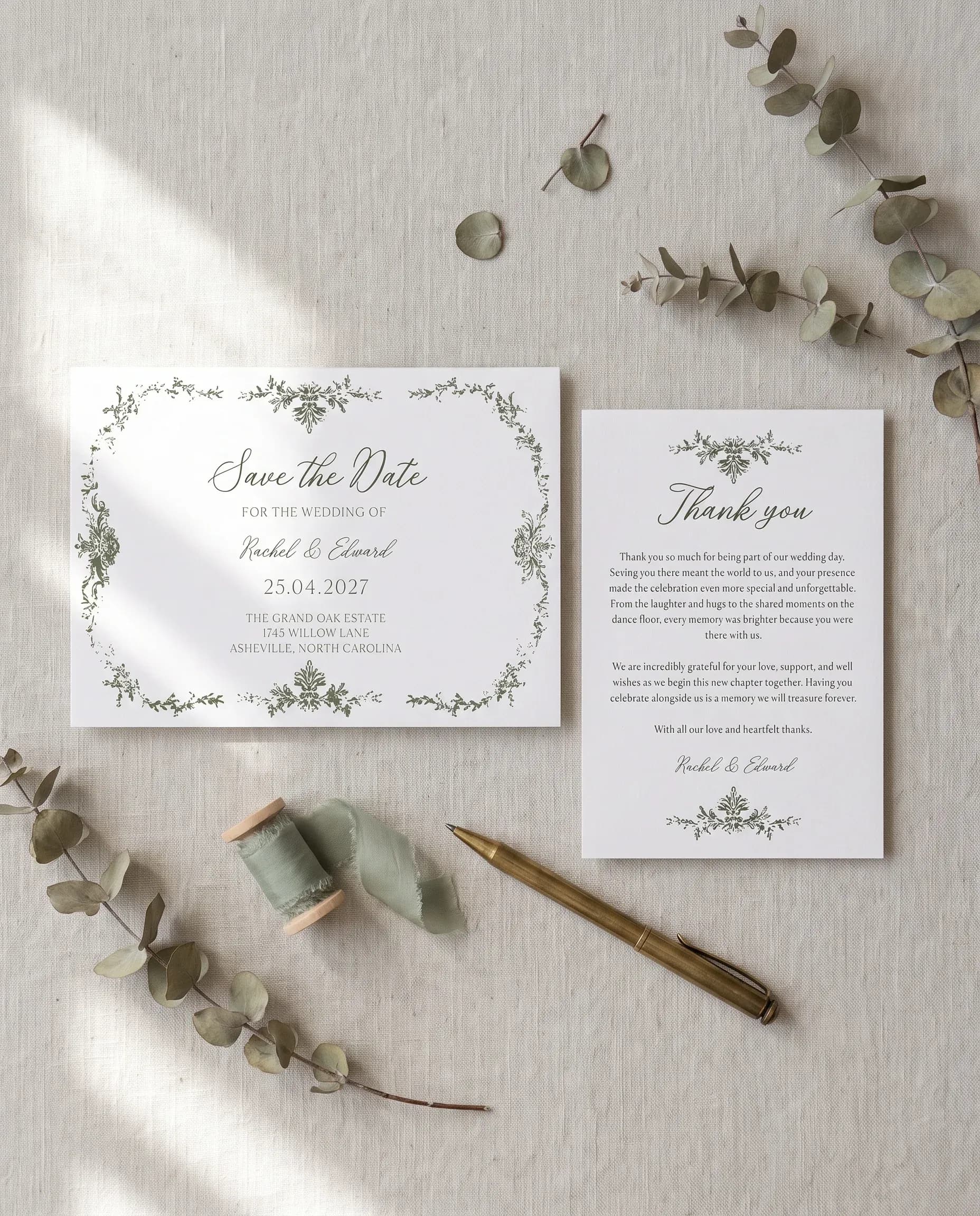 Sage Crest wedding invitation set — Save the date and thank you card shown in a flat lay, wedding invitation templates