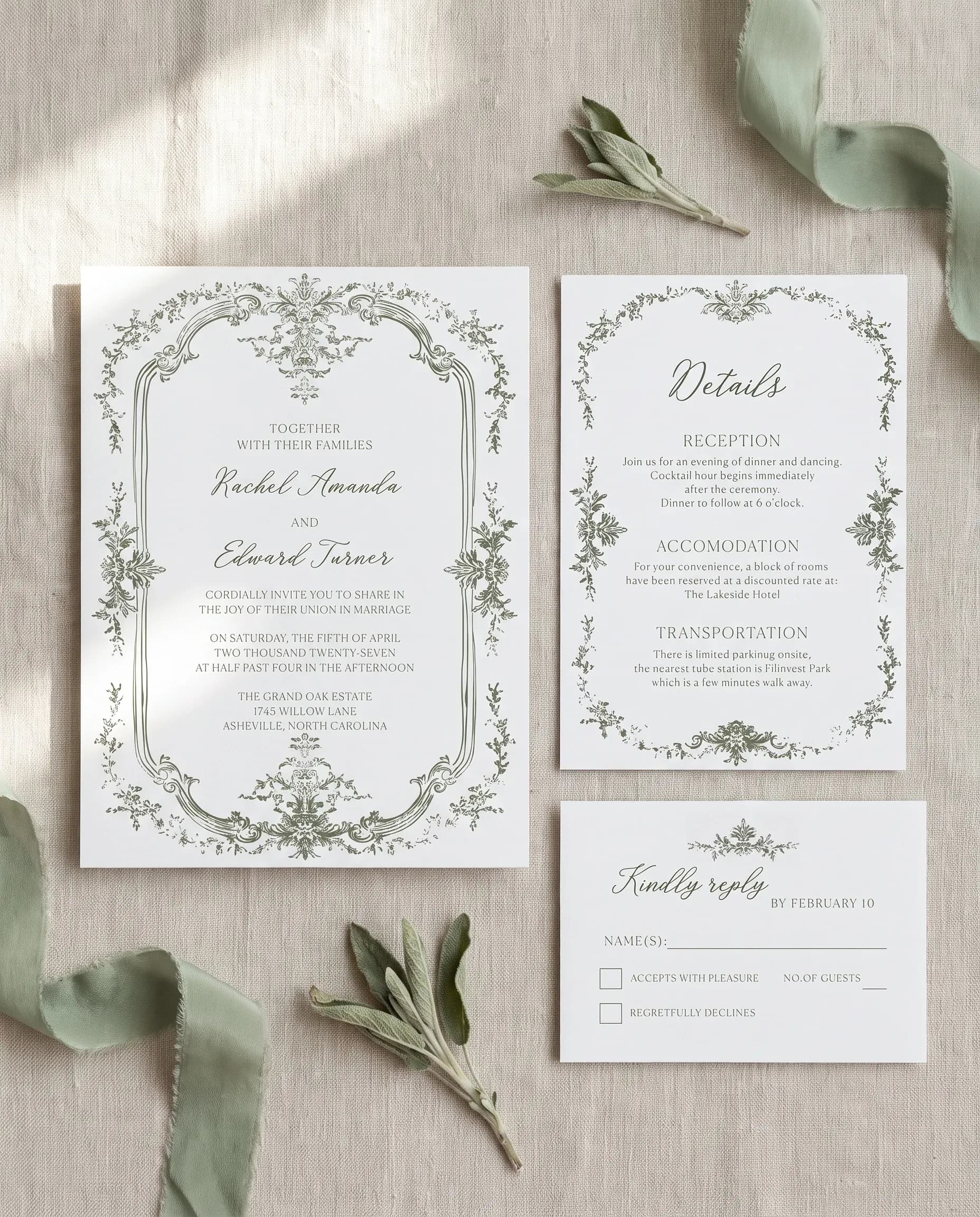 Sage Crest wedding invitation set — Invitation, details card and RSVP card shown in a flat lay, printable wedding invitations