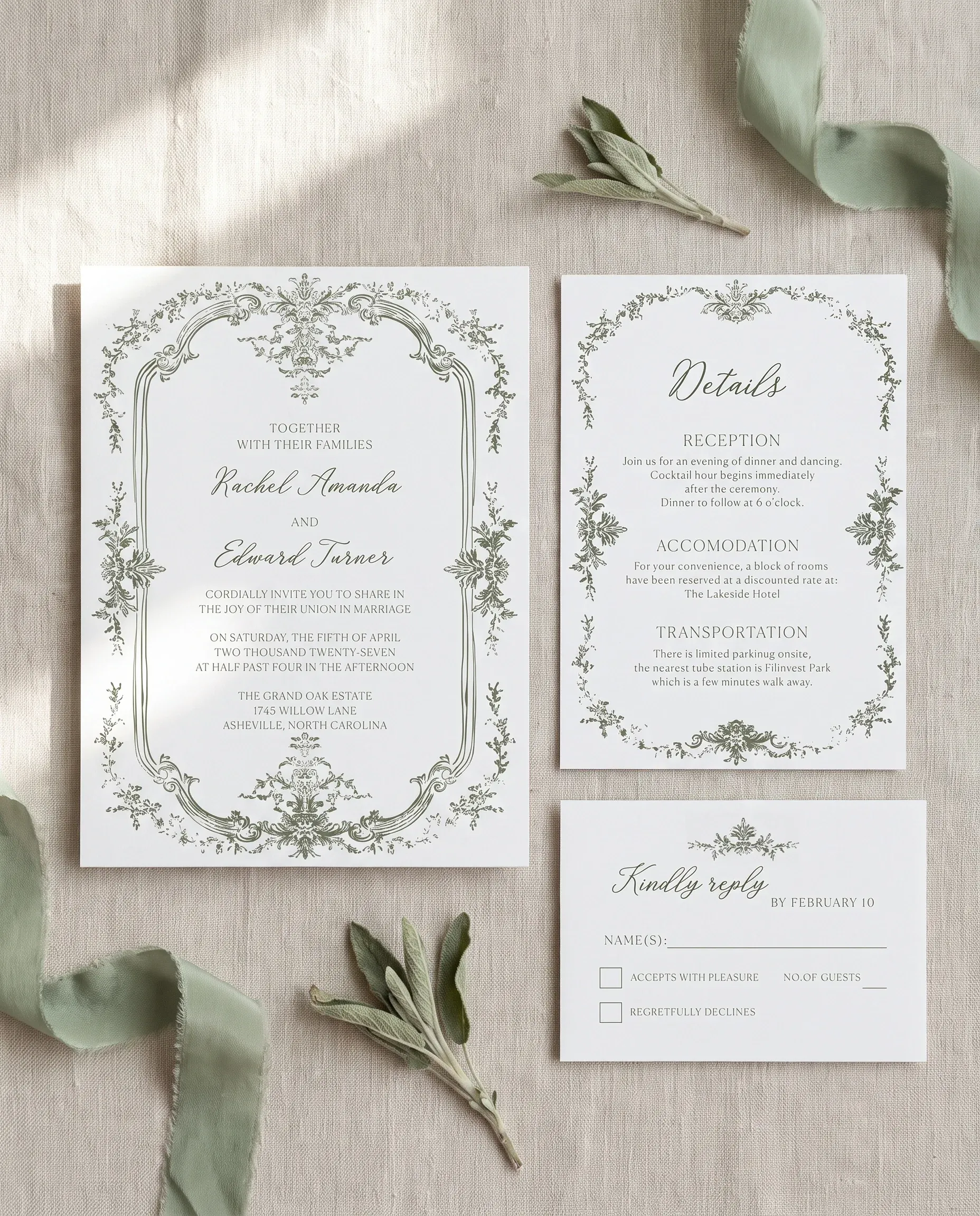 Sage Crest wedding invitation set — Invitation, details card and RSVP card shown in a flat lay, printable wedding invitations