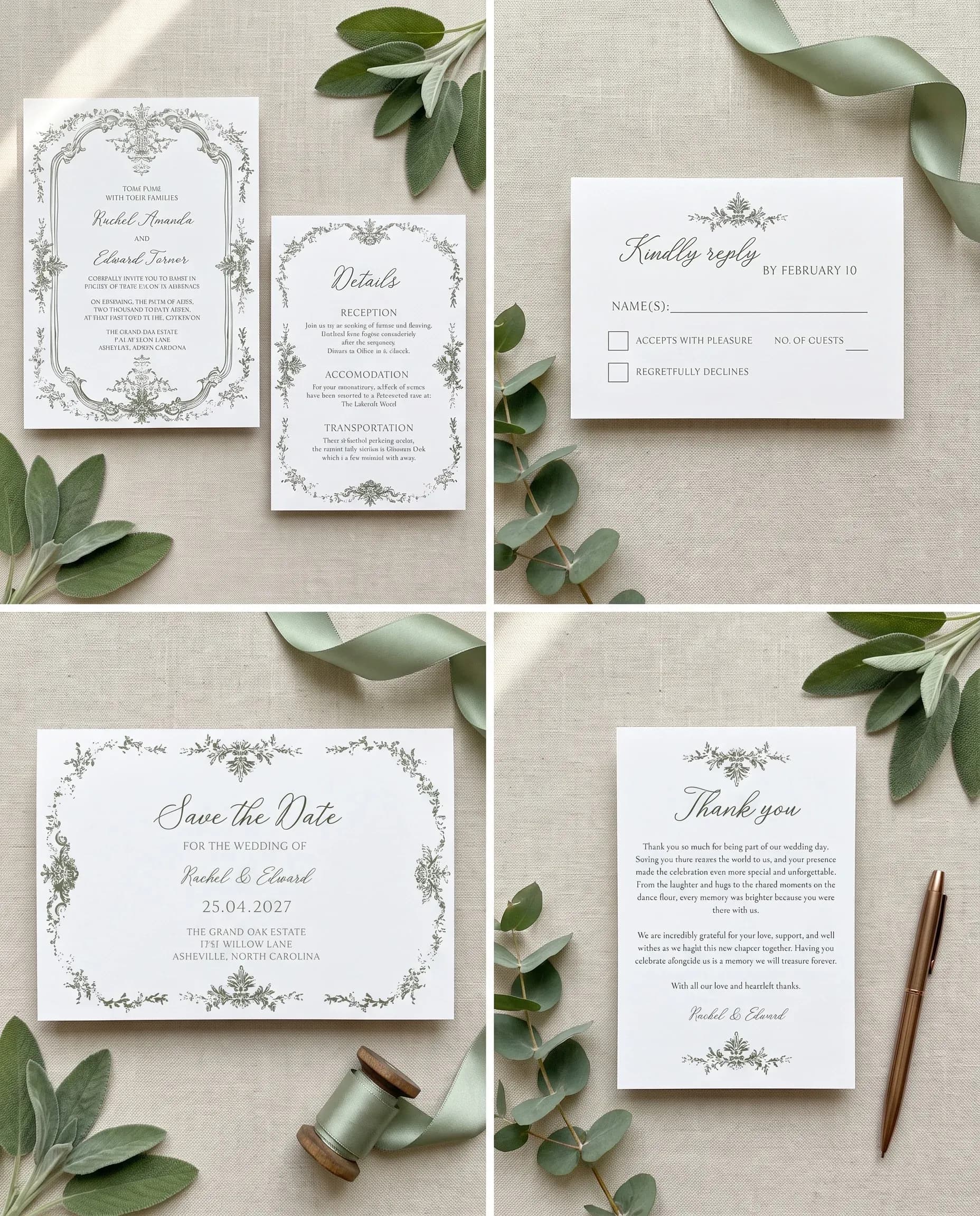 Sage Crest wedding invitation set — Invitation, details card, RSVP, save the date and thank you card shown in a flat lay, wedding invitation suite